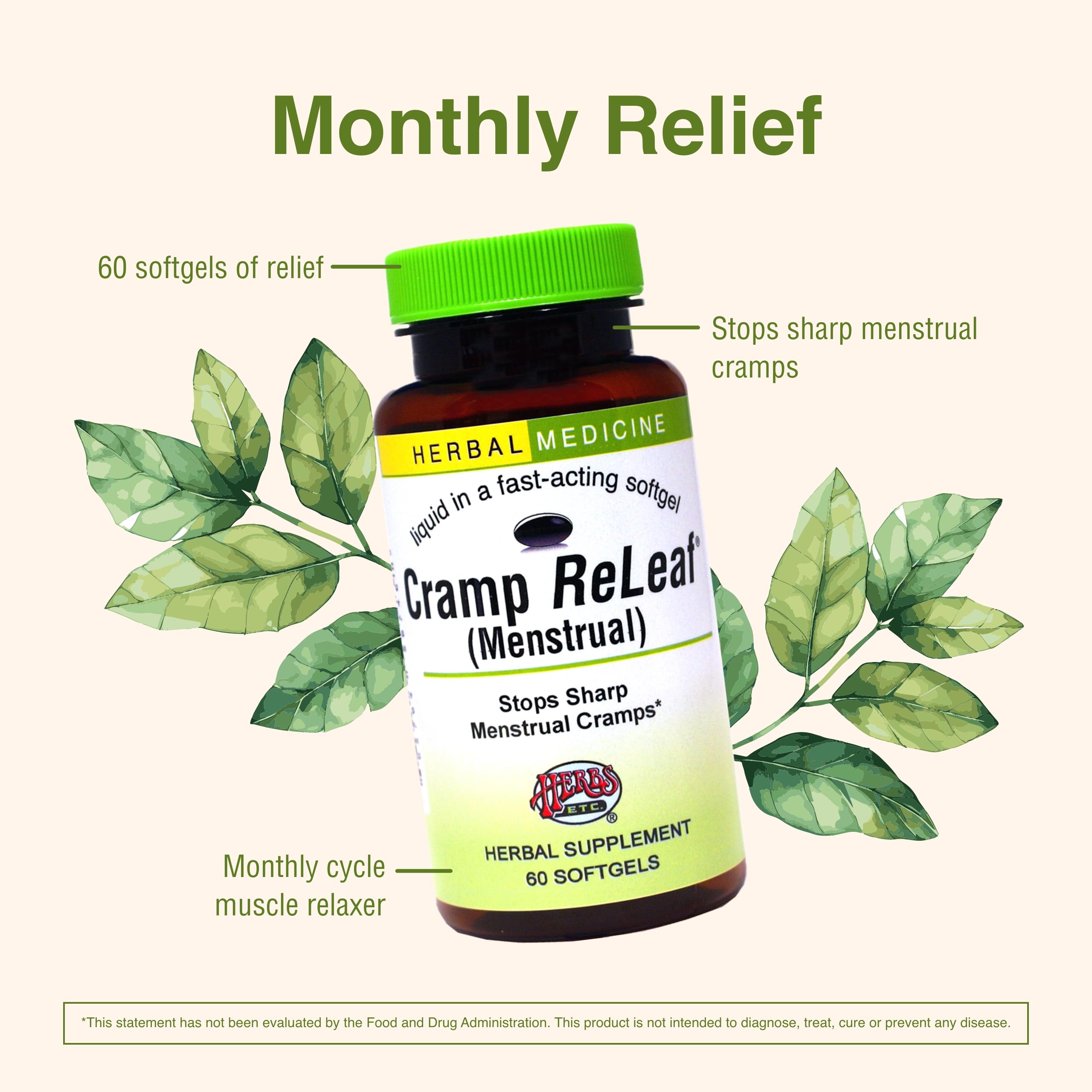 Herbs Etc. Cramp ReLeaf (Menstrual) - Abdominal Muscle Support - Herbal Supplement to Aid Menstrual Health - Period Cramp Support with Black Haw, Cramp Bark and Bethroot - 60 Softgels (60 Servings) Herbs Etc.Au supplements