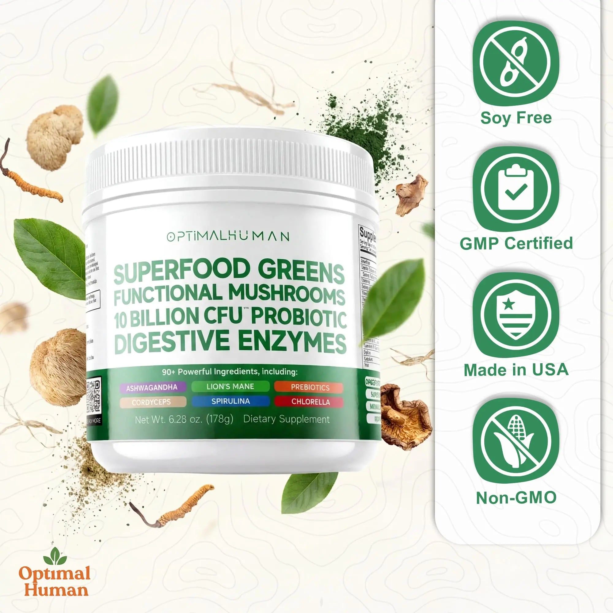 Optimal Human Superfood Greens Powder – 90+ Ingredient Blend with Lion’s Mane Supplement, Ashwagandha & Turmeric O HAu supplements