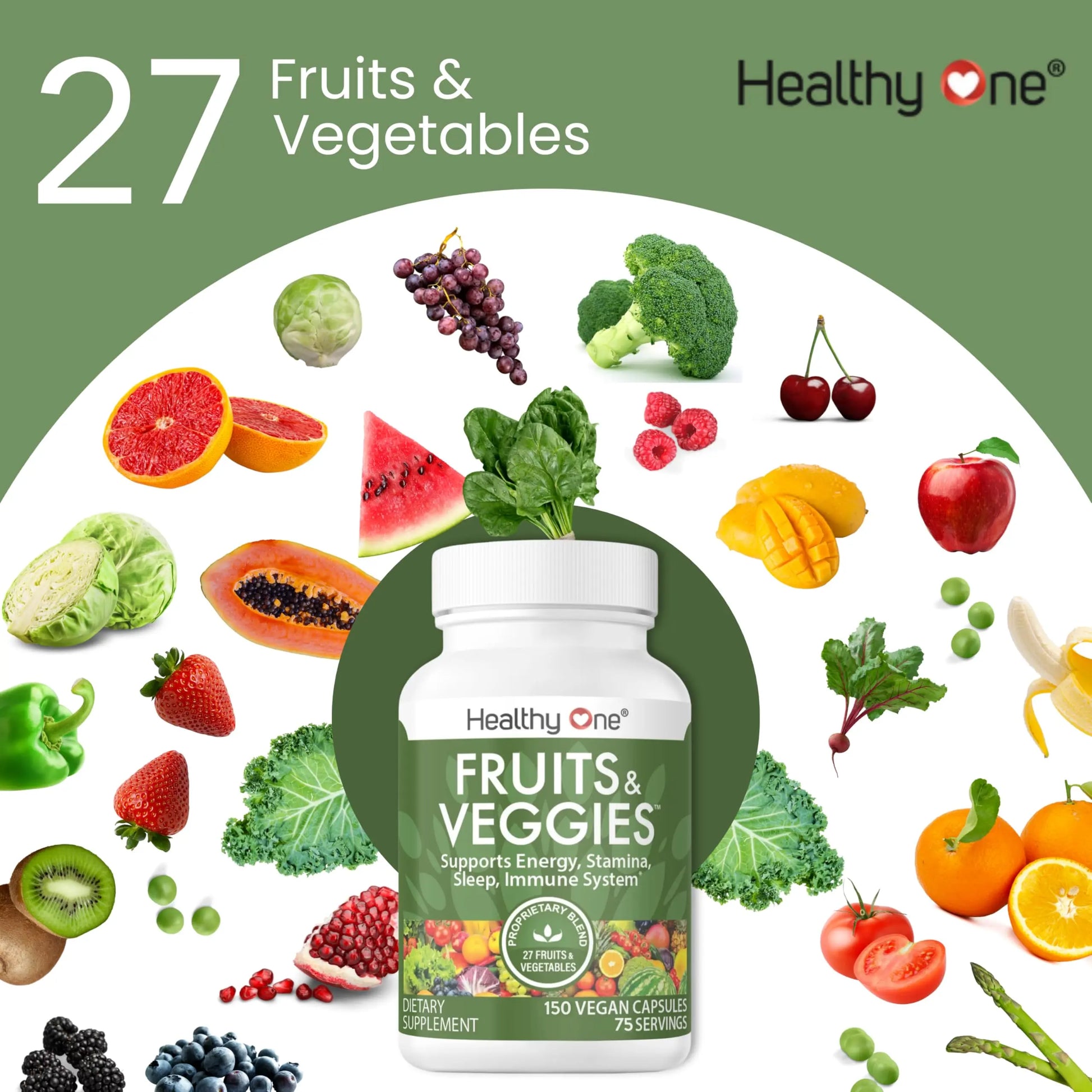 Fruits & Veggies Formula - 27 Premium Whole Foods - Organic Ingredients - Equals 3 Servings of Fruits & Vegetables - Improve Energy, Focus & Immune Function - Fiber - Antioxidants - 120ct (60 Serv) Healthy Onenz supplements