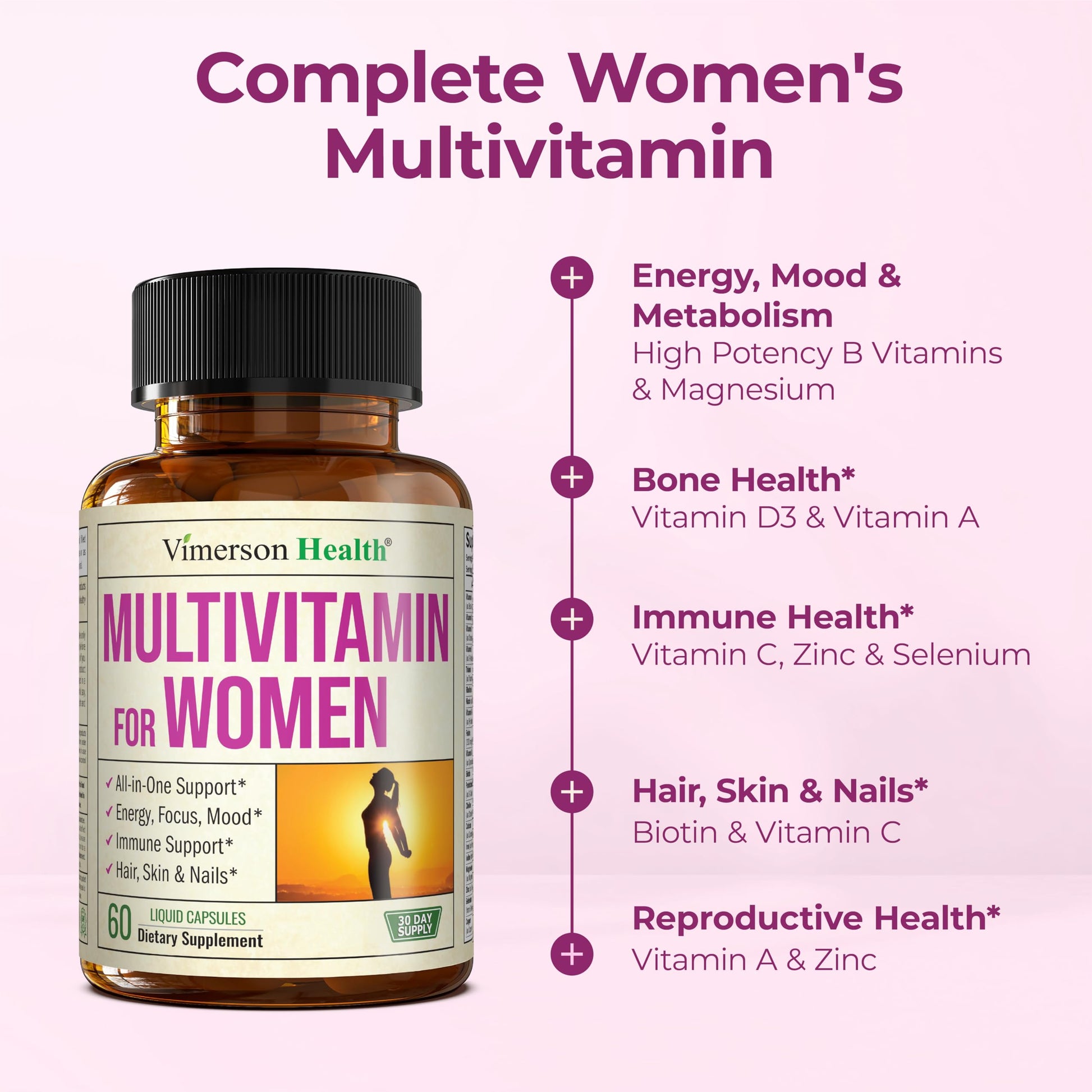 Multivitamin for Women with Bioavailable Vitamins, Minerals, Vitamin D, B12, C, A & Zinc for Energy, Focus and Immune Health – Premium Womens Multivitamins & Multiminerals – 60 Liquid Caps Vimerson HealthAu supplements