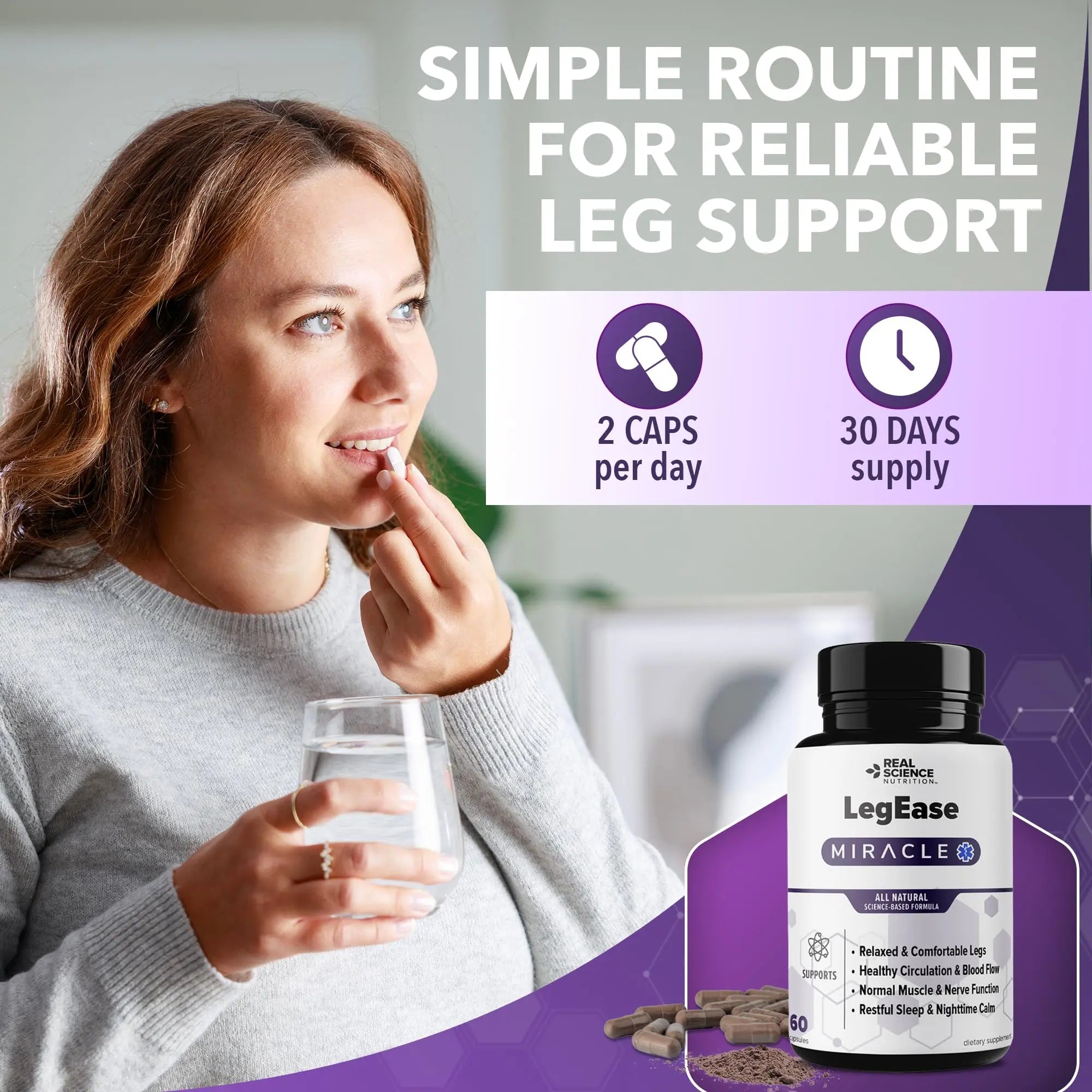 Real Science LegEase Miracle – All Natural Restless Legs Syndrome Relief & Leg Cramp Supplement with Vitamins C, D, K, B6, B12 + Nitric Oxide Support – Sleep & Circulation Aid – Made in USA, 60 Caps Real Science NutritionAu supplements