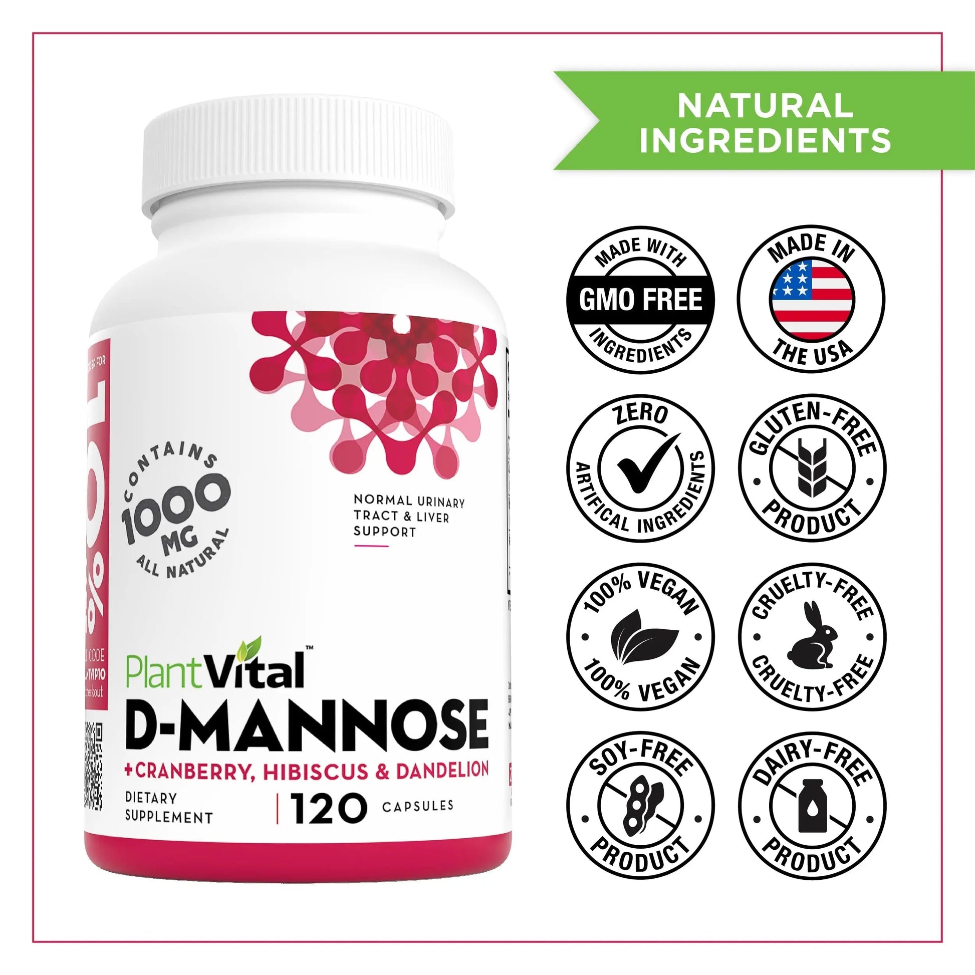Plantvital D Mannose Capsules with Cranberry - D-mannose 1000mg Capsules - High Potency for Bladder, Kidney and Urinary Tract Support. Cranberry Powder with Hibiscus and Dandelion. 2 Months Supply PlantvitalAu supplements