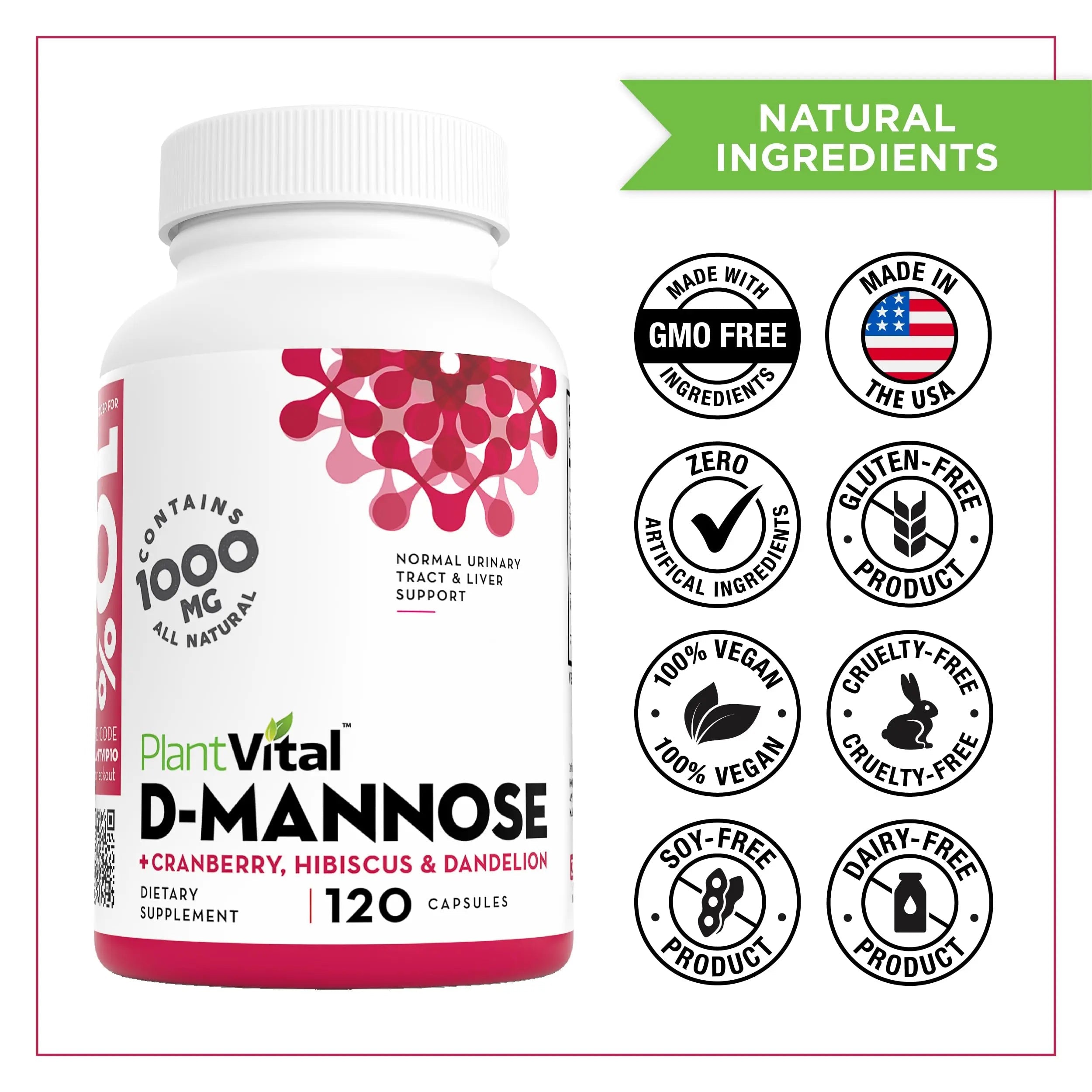 Plantvital D Mannose Capsules with Cranberry - D-mannose 1000mg Capsules - High Potency for Bladder, Kidney and Urinary Tract Support. Cranberry Powder with Hibiscus and Dandelion. 2 Months Supply PlantvitalAu supplements