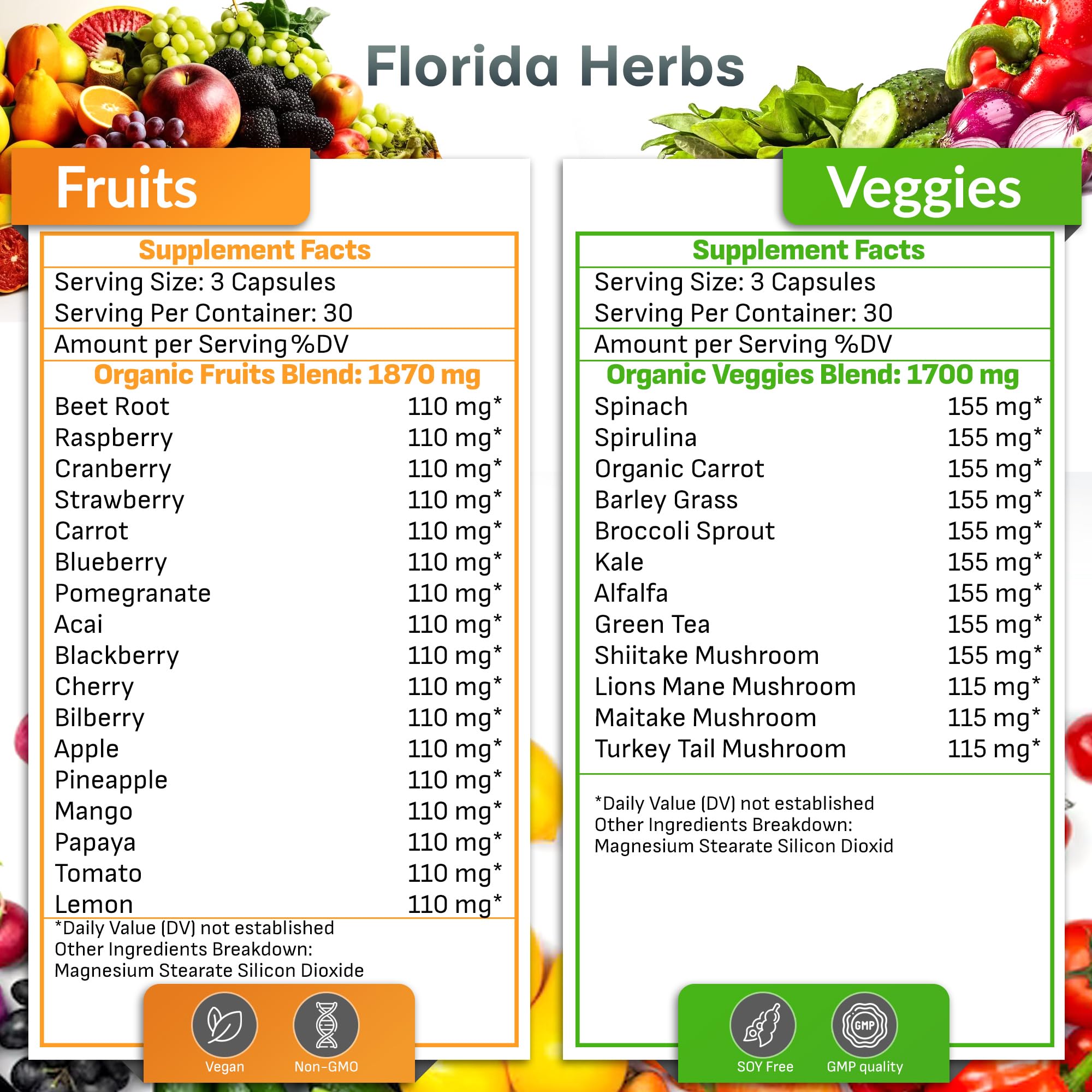 Fruits and Vegetables Supplement - 90 Fruit and 90 Veggie Capsules - Nature Vitamins, Balance of Fruits and Veggies Supports Energy Balance, Soy Free, Vegan Capsules - 90 Count (Pack of 2) FLORIDA HERBSAu supplements