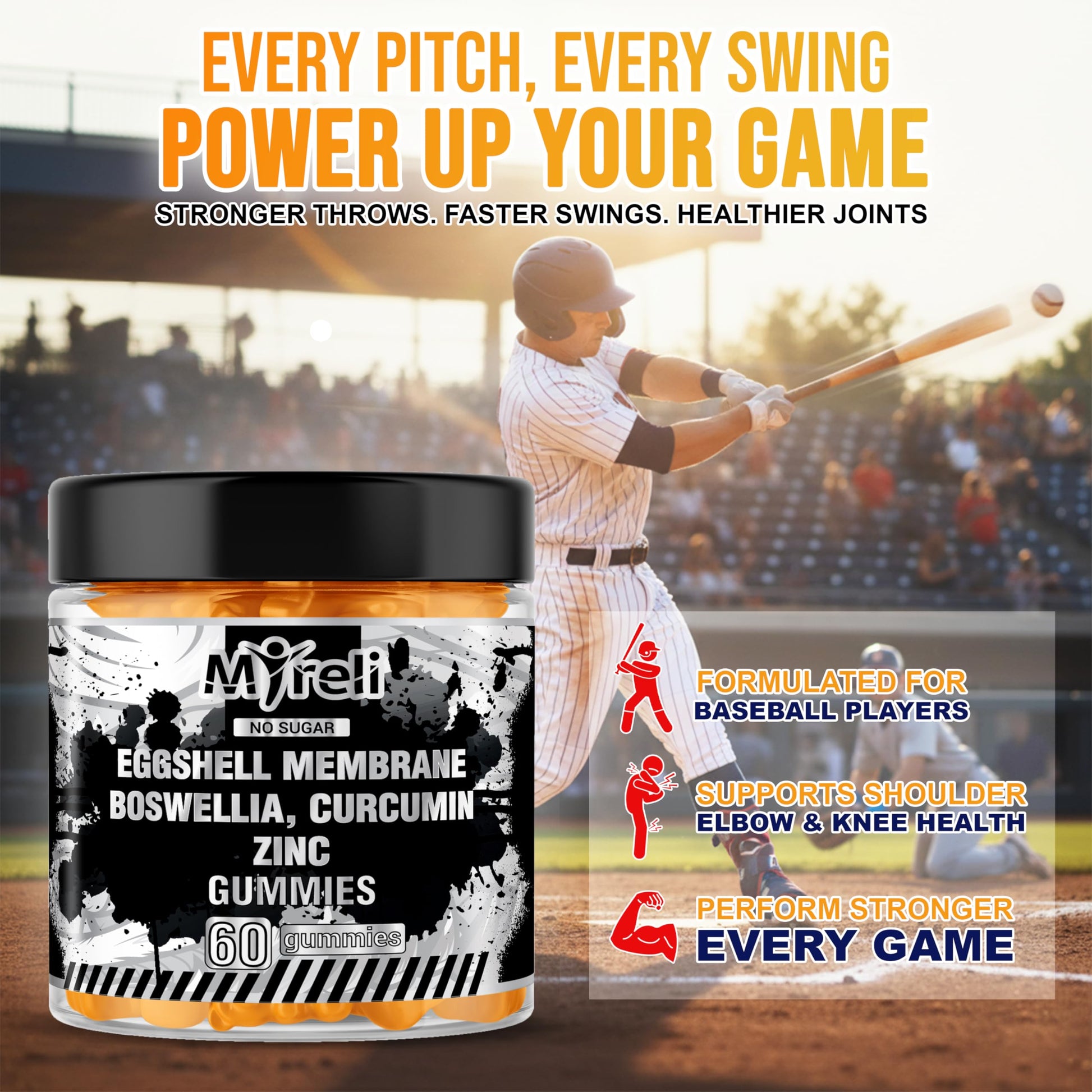MYRELI Eggshell Membrane 400mg, Boswellia 300mg, Curcumin 250mg & Zinc 20mg Gummies - Baseball Athlete Joint Support, Flexibility, Recovery, Antioxidant, Energy, Endurance - Vegan, Non-GMO, 60 Gummies MYRELIAu supplements
