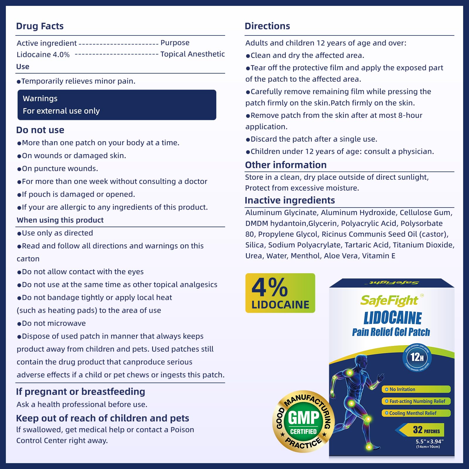 SafeFight 4% Lidocaine Pain Relief Patches 32 Count - Maximum Strength Relief for Back, Neck, Shoulder, Joint & Muscle Pain, Add Menthol, 12 Hour Long Lasting Relief Pains SafeFightAu supplements