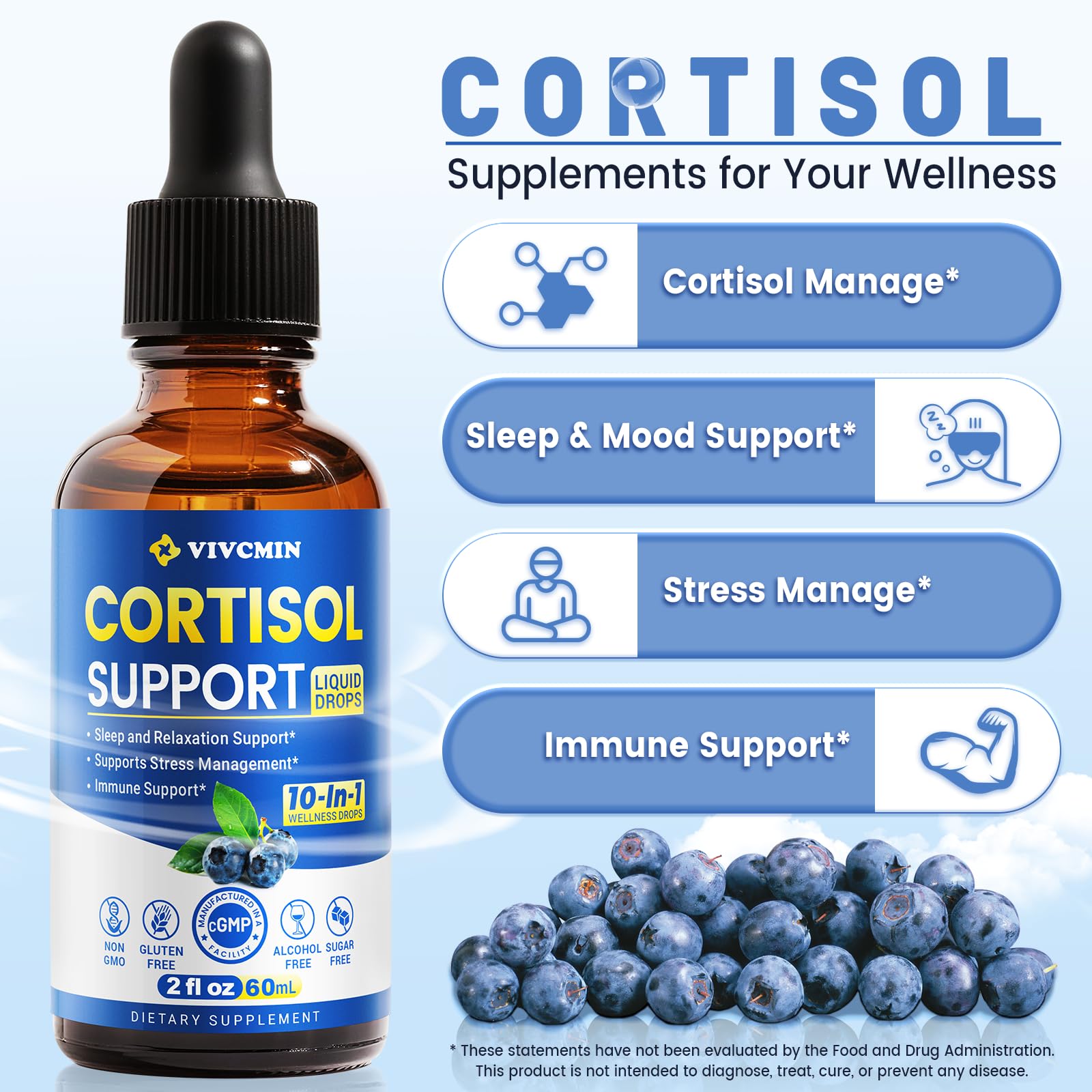 vivcmin 10 in 1 Cortisol Supplements for Women & Men, Cortisol Reducer with Ashwagandha, Magnesium, L-Theanine, Hormone Balance Drops - Sleep & Mood Support, 2 Fl Oz, Blueberry Flavor vivcminAu supplements