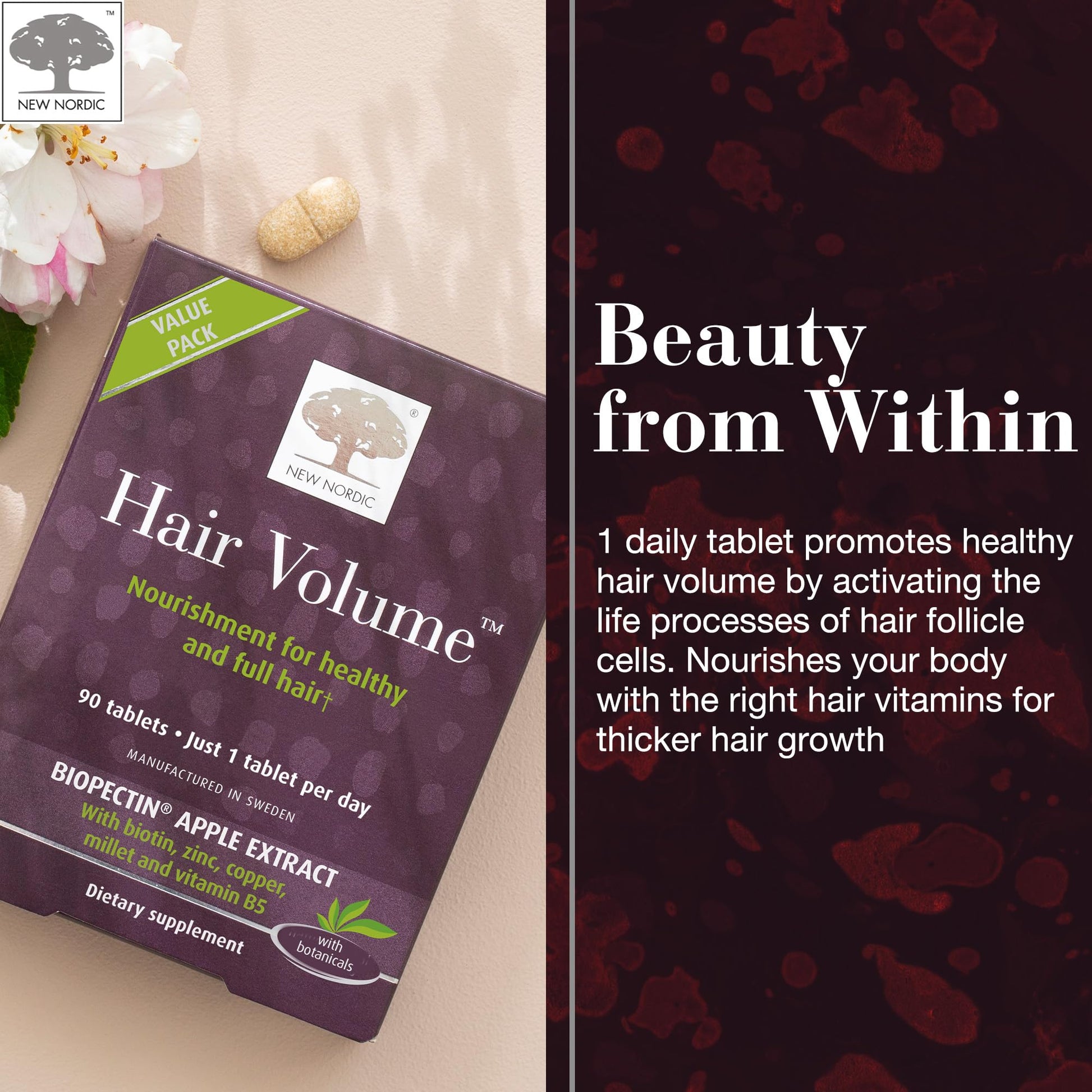 NEW NORDIC Hair Volume Tablets, 3000 mcg Biotin & Biopectin Apple Extract, Hair Vitamins to Support Natural Hair Growth, 90 Count (Pack of 1) NEW NORDICAu supplements