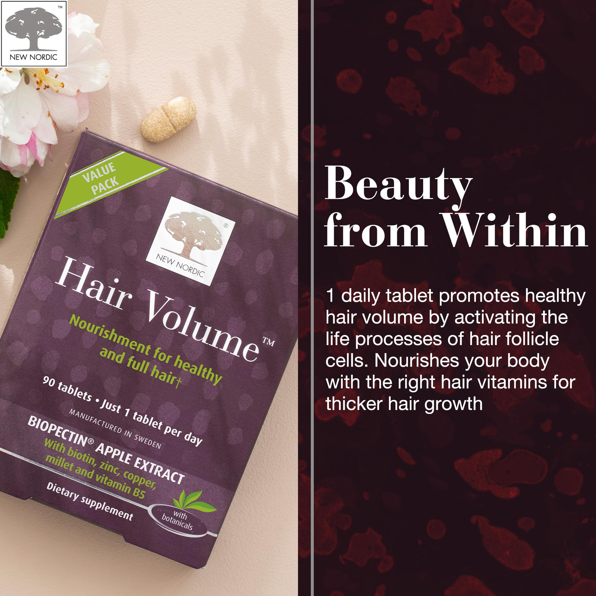NEW NORDIC Hair Volume Tablets, 3000 mcg Biotin & Biopectin Apple Extract, Hair Vitamins to Support Natural Hair Growth, 90 Count (Pack of 1) NEW NORDICAu supplements