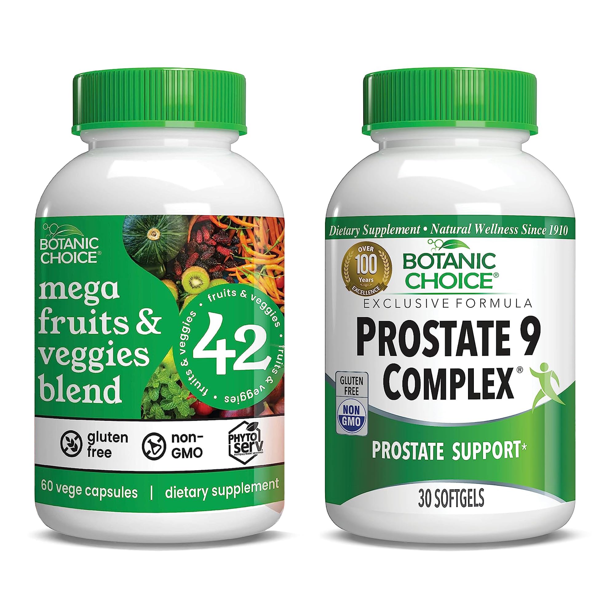 Botanic Choice Mega Fruits and Veggies Blend (60 Capsules) + Prostate 9 Complex (30 Softgels) Bundle - Energy Balance & Superfood Supplement + Urinary Flow & Cellular Health Botanic ChoiceAu supplements