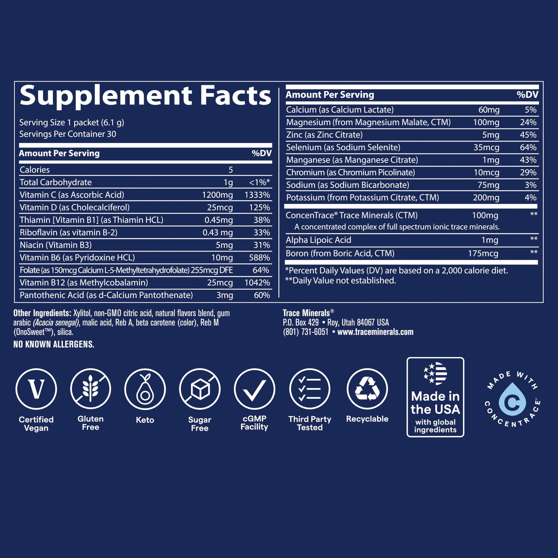 Trace Minerals Power Pak Multivitamin and Multimineral Packets - Electrolyte Support - 1200 mg Vitamin C plus 70+ Trace Minerals - Sugar Free - Orange Mango Flavor - 30 Packets Trace MineralsAu supplements
