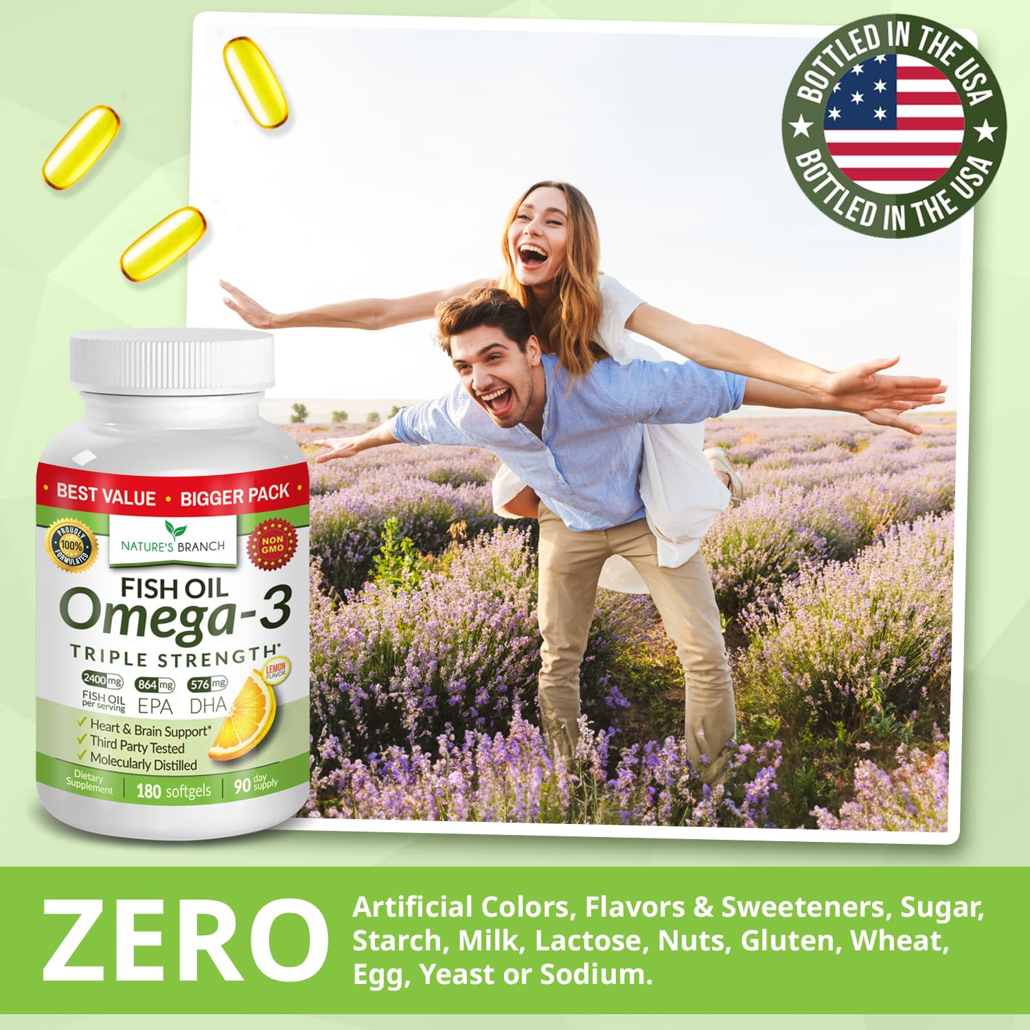 Triple Strength Omega 3 Fish Oil Supplements 2400mg | 180 Capsules, Burpless High Potency Lemon Flavor, High EPA DHA for Men & Women Ultra Pure Softgels