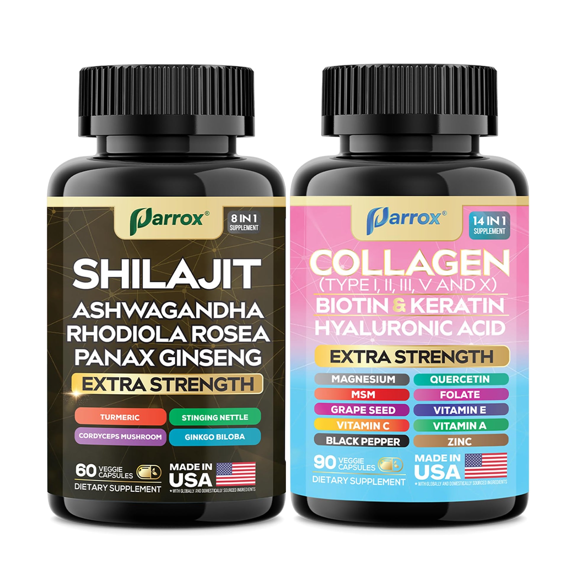 Parrox Adaptogen & Beauty Bundle – Rhodiola, Panax Ginseng, Ashwagandha, Cordyceps, Turmeric, Collagen, Biotin, Keratin, MSM, Hyaluronic Acid, Zinc, Quercetin, Vitamin C, A & E, Folate, Magnesium ParroxAu supplements
