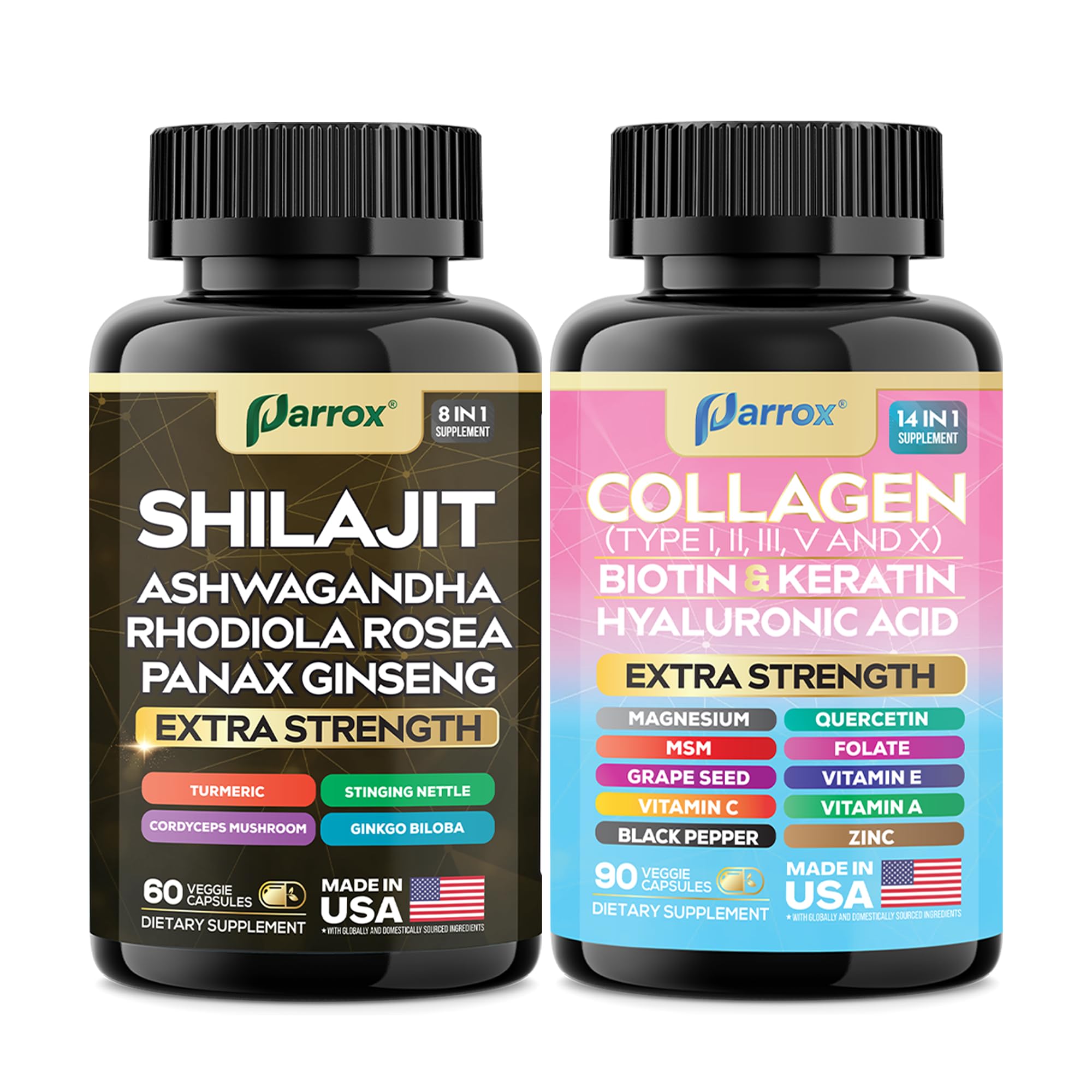 Parrox Adaptogen & Beauty Bundle – Rhodiola, Panax Ginseng, Ashwagandha, Cordyceps, Turmeric, Collagen, Biotin, Keratin, MSM, Hyaluronic Acid, Zinc, Quercetin, Vitamin C, A & E, Folate, Magnesium ParroxAu supplements