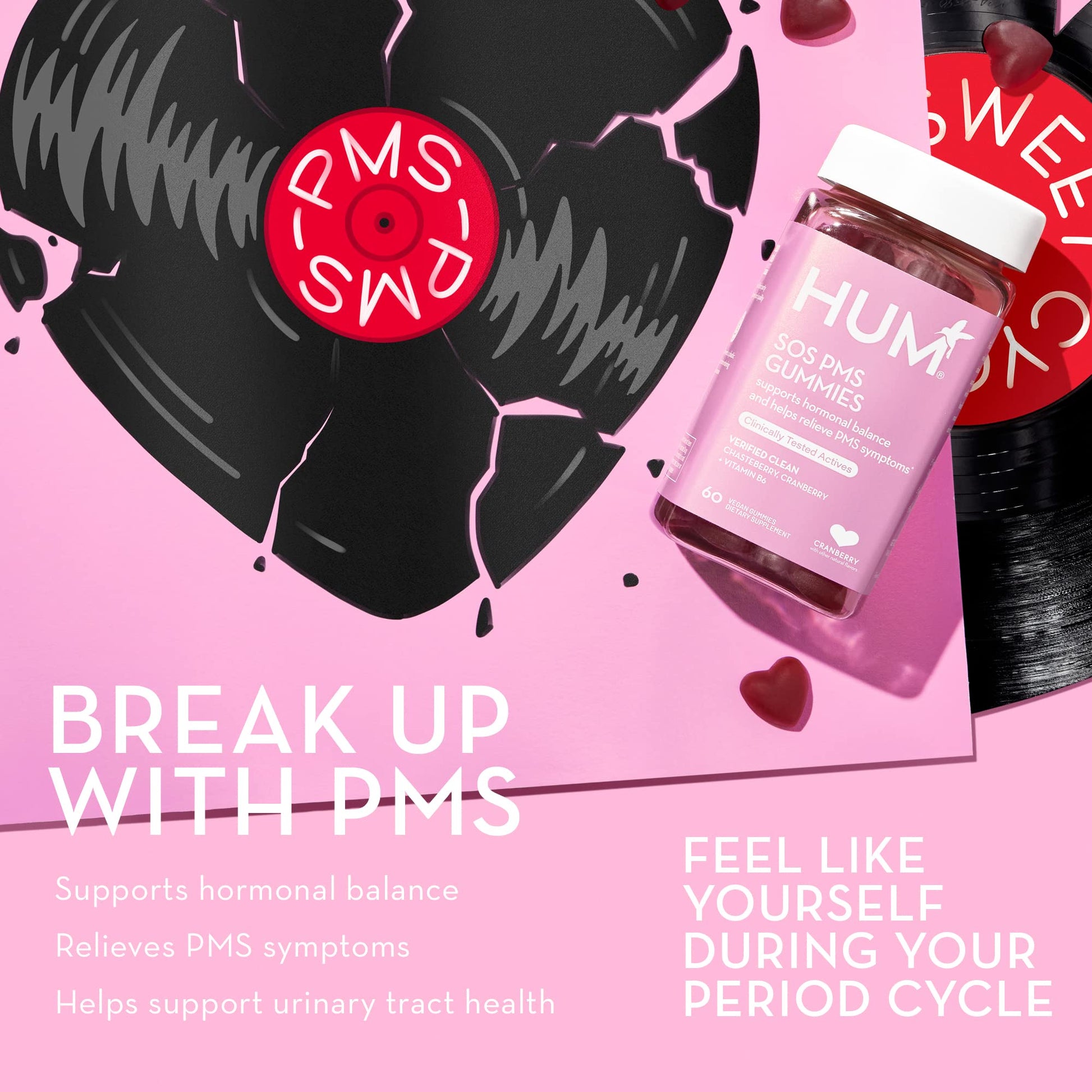 HUM Nutrition SOS PMS Gummies, PMS Support Supplement for Women, Support Cycle Symptoms, Bloating, Hormonal Balance, Includes Vitamin B6, Cranberry & Chasteberry Vitex, Gluten Free, 60 Vegan Gummies HUMUS supplements
