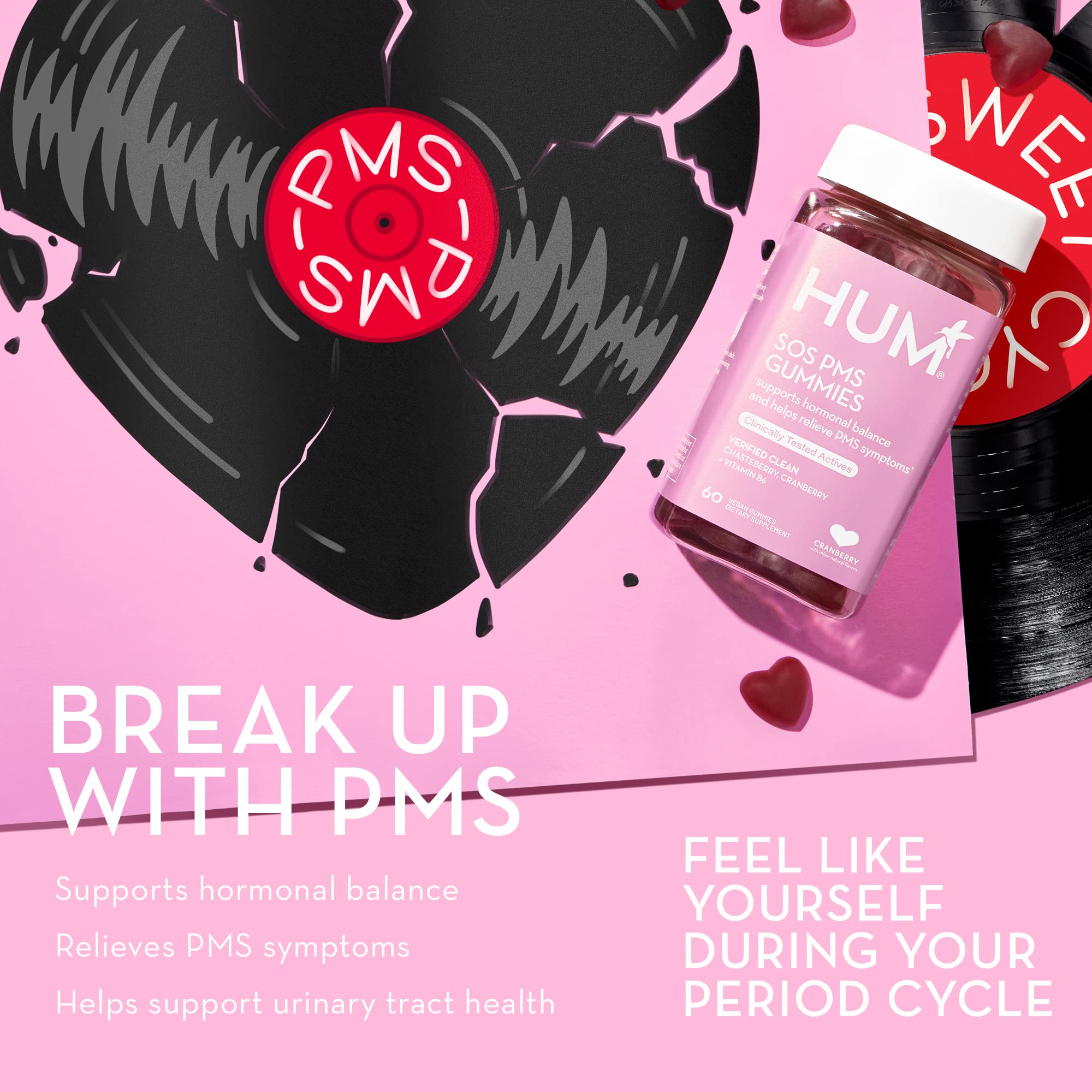 HUM Nutrition SOS PMS Gummies, PMS Support Supplement for Women, Support Cycle Symptoms, Bloating, Hormonal Balance, Includes Vitamin B6, Cranberry & Chasteberry Vitex, Gluten Free, 60 Vegan Gummies HUMUS supplements