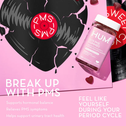 HUM Nutrition SOS PMS Gummies, PMS Support Supplement for Women, Support Cycle Symptoms, Bloating, Hormonal Balance, Includes Vitamin B6, Cranberry & Chasteberry Vitex, Gluten Free, 60 Vegan Gummies HUMUS supplements