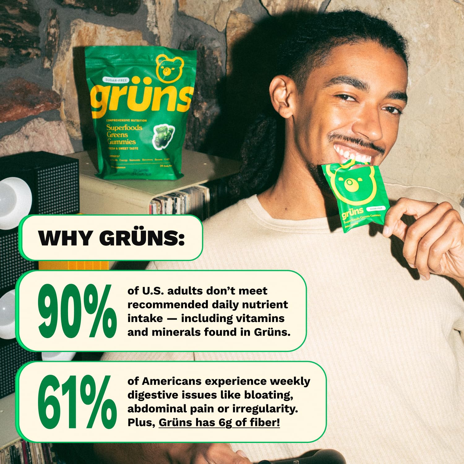 Gruns Adult Super Greens Multivitamin Gummies, Superfood Gummy Vitamins for Women and Men with Spirulina, Chlorella, Adaptogens & Prebiotic Fiber for Digestive Health (28 Count) GrünsAu supplements