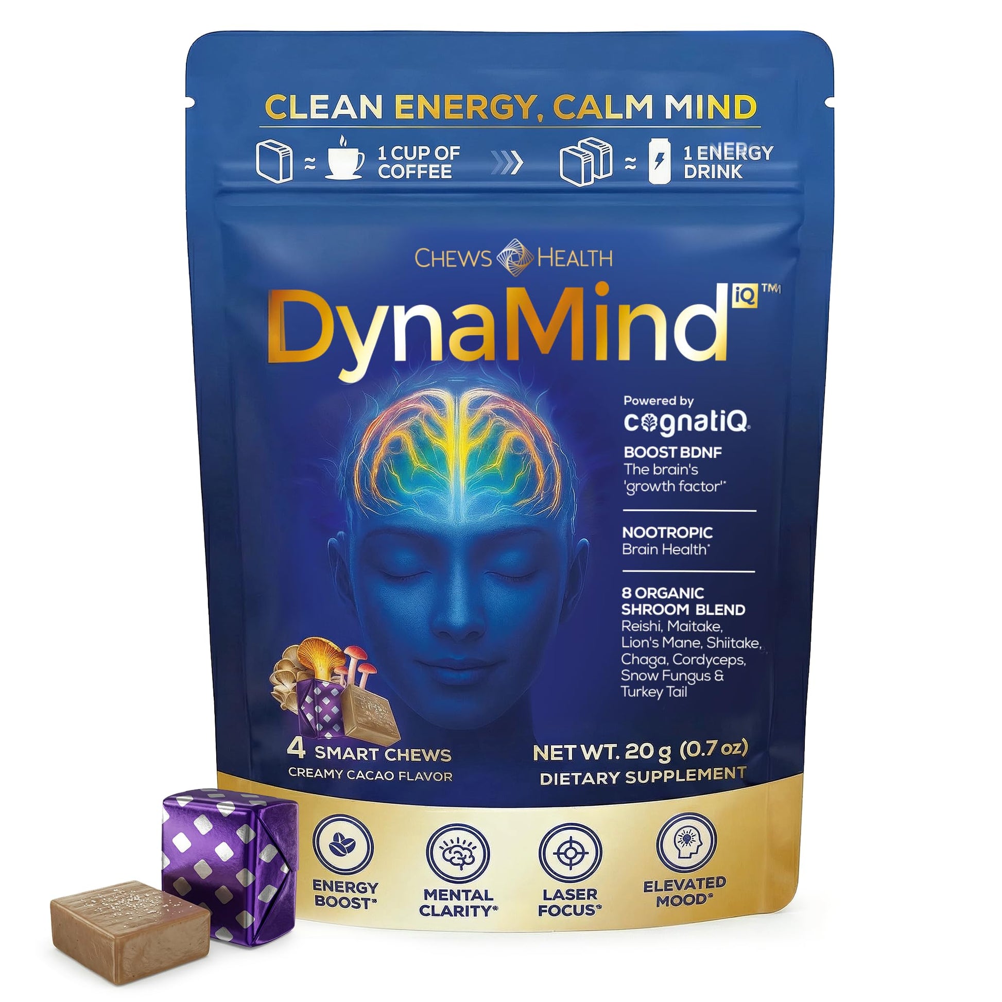 DynaMind iQ Brain Supplement for Memory and Focus for Adults - Nootropic Chews | Coffee Fruit & Mushroom Supplement Blend, Memory Focus Supplement, Caffeine Focus Pills Alternative, 4 Count CHEWSHEALTHAu supplements