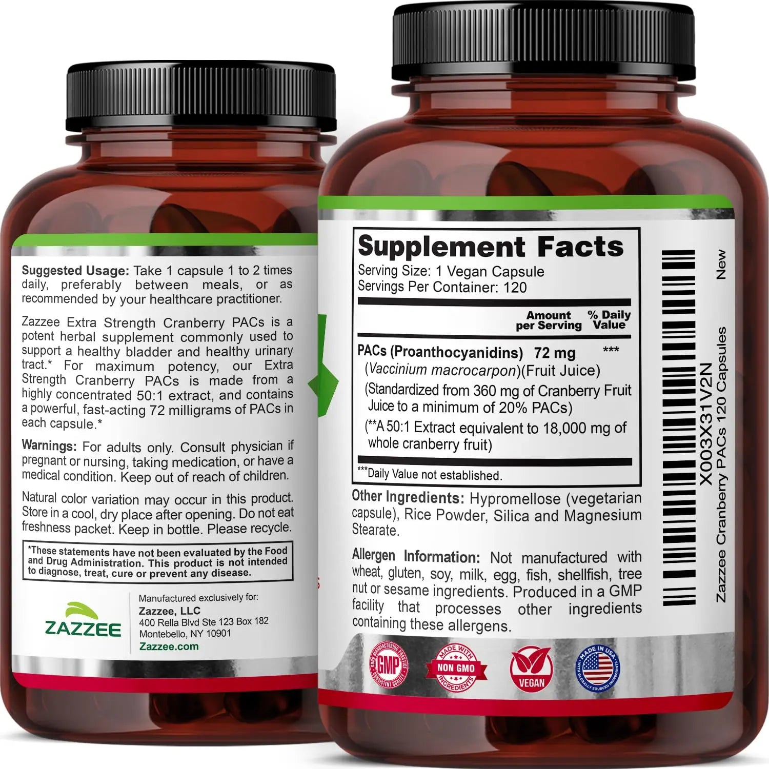 Zazzee Cranberry PACs, 72 mg PACs per Capsule, 2X Strength, 100% Soluble, 120 Vegan Capsules, 50:1 Extract, 18,200 mg Strength, Fast-Acting, Effective Urinary Tract Support, Made in The USA ZazzeeAu supplements