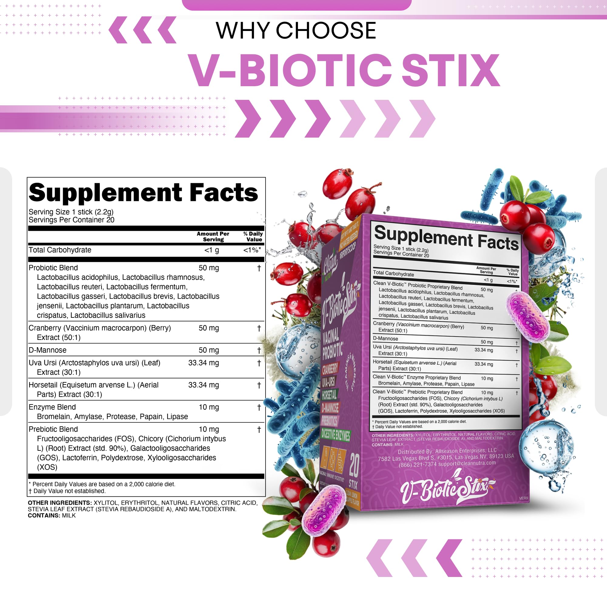 Clean Nutraceuticals Vaginal Probiotics for Women with Cranberry Extract, D-Mannose, Prebiotics, pH Balance for Women, Vaginal Health – Womens Probiotic Alternative to Gummies - 20 Stix Clean NutraceuticalsAu supplements