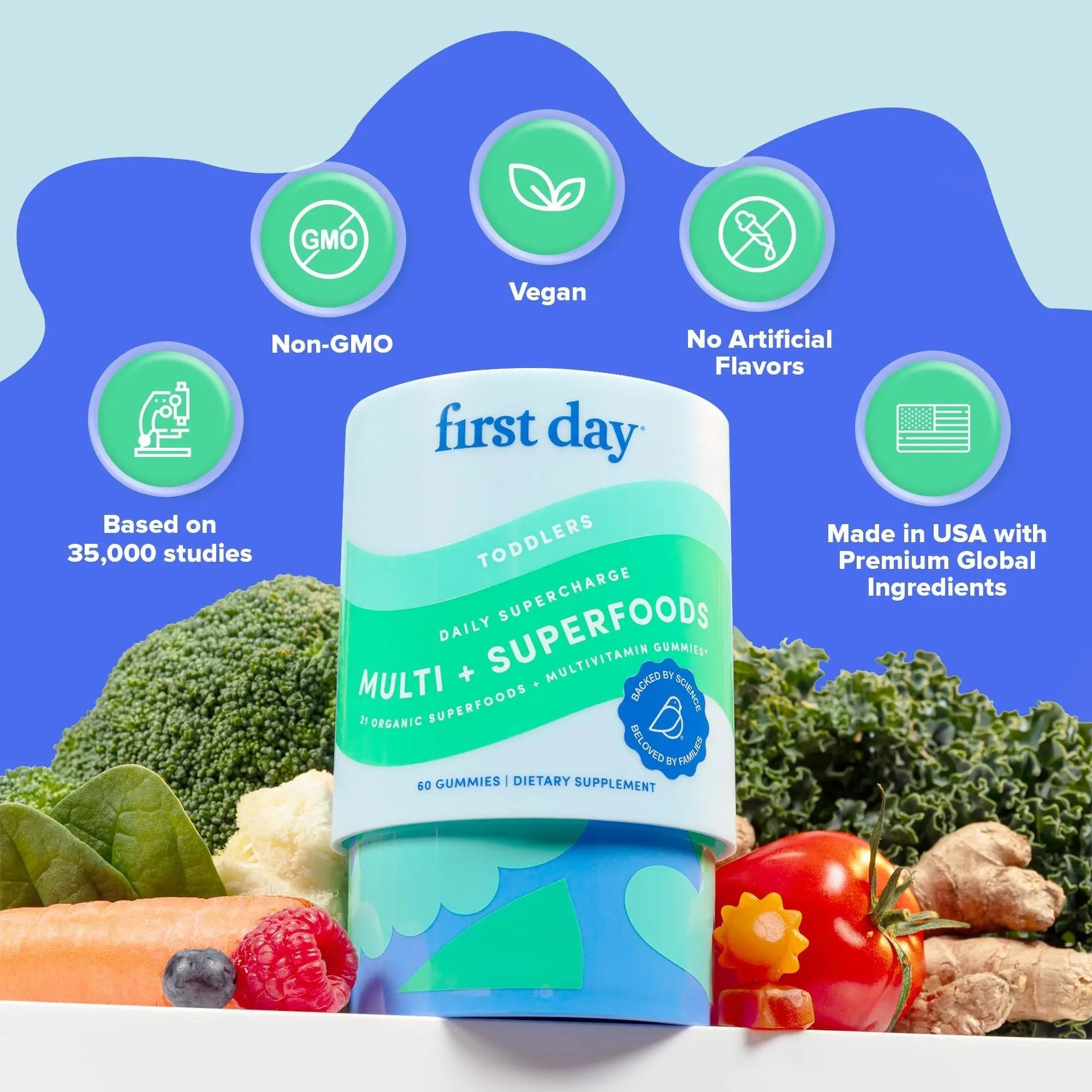 FIRST DAY Toddler Multivitamin Gummies (Ages 2-3)| Kids Multivitamin Gummies with Vitamins A C D3, B2, B12, Choline, Folate and 21 Organic Superfoods| (30 Day Supply) FIRST DAYAu supplements