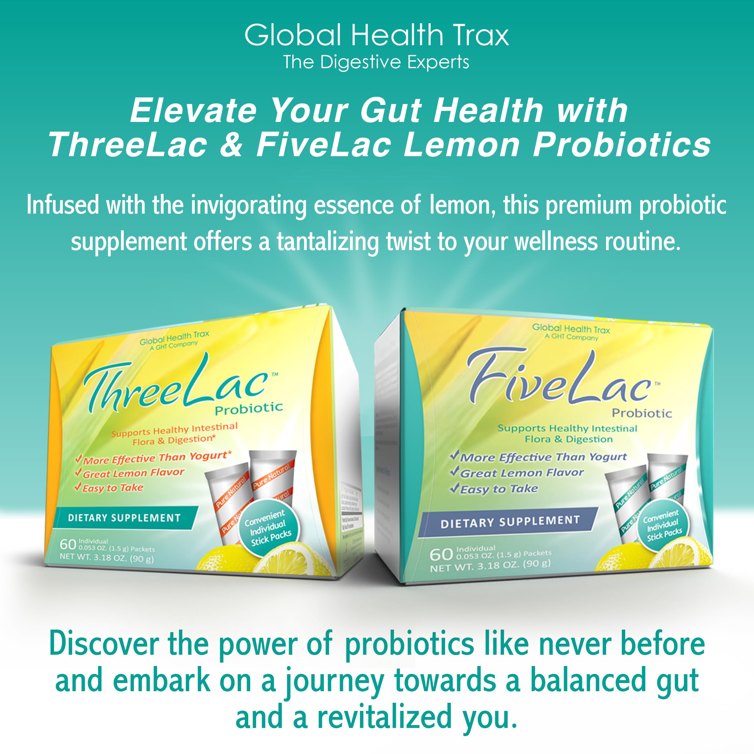 Global Health Trax GHT - FiveLac + Threelac Lemon Probiotic Powder Drink Mix, Probiotics for Women, Men, Kids, Smooth Digestive Support & Elimination, Relieves Constipation & Gas - 60 Packets, Non-GMO ght Global Health TraxAu supplements