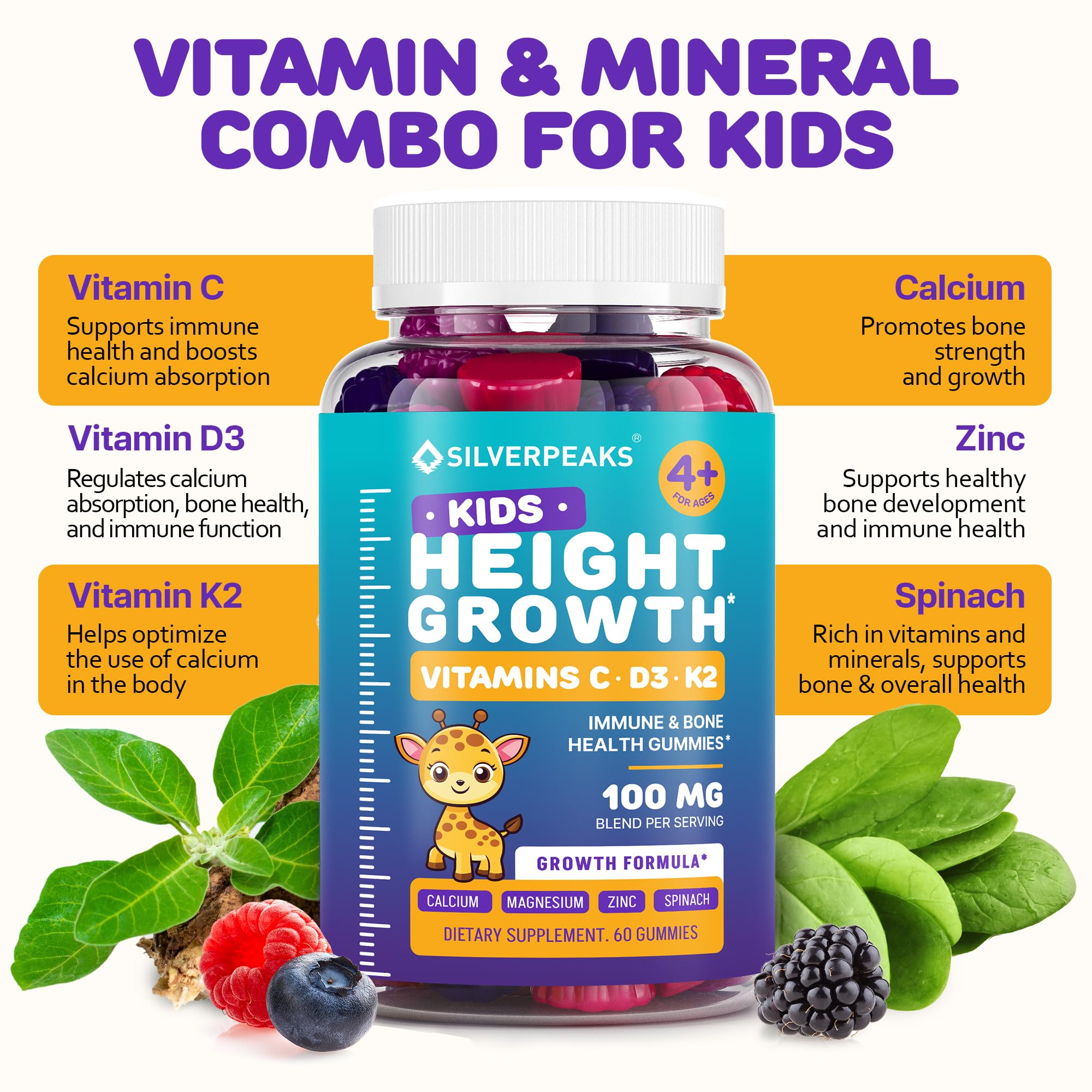Height Growth Gummies for Kids - Growth Vitamins for Teens, Height Increase Multivitamin for Boys & Girls with Calcium Vitamin D C K2 Magnesium Zinc, Natural Height Growth Maximizer Supplement, 60 PCS SILVERPEAKSAu supplements