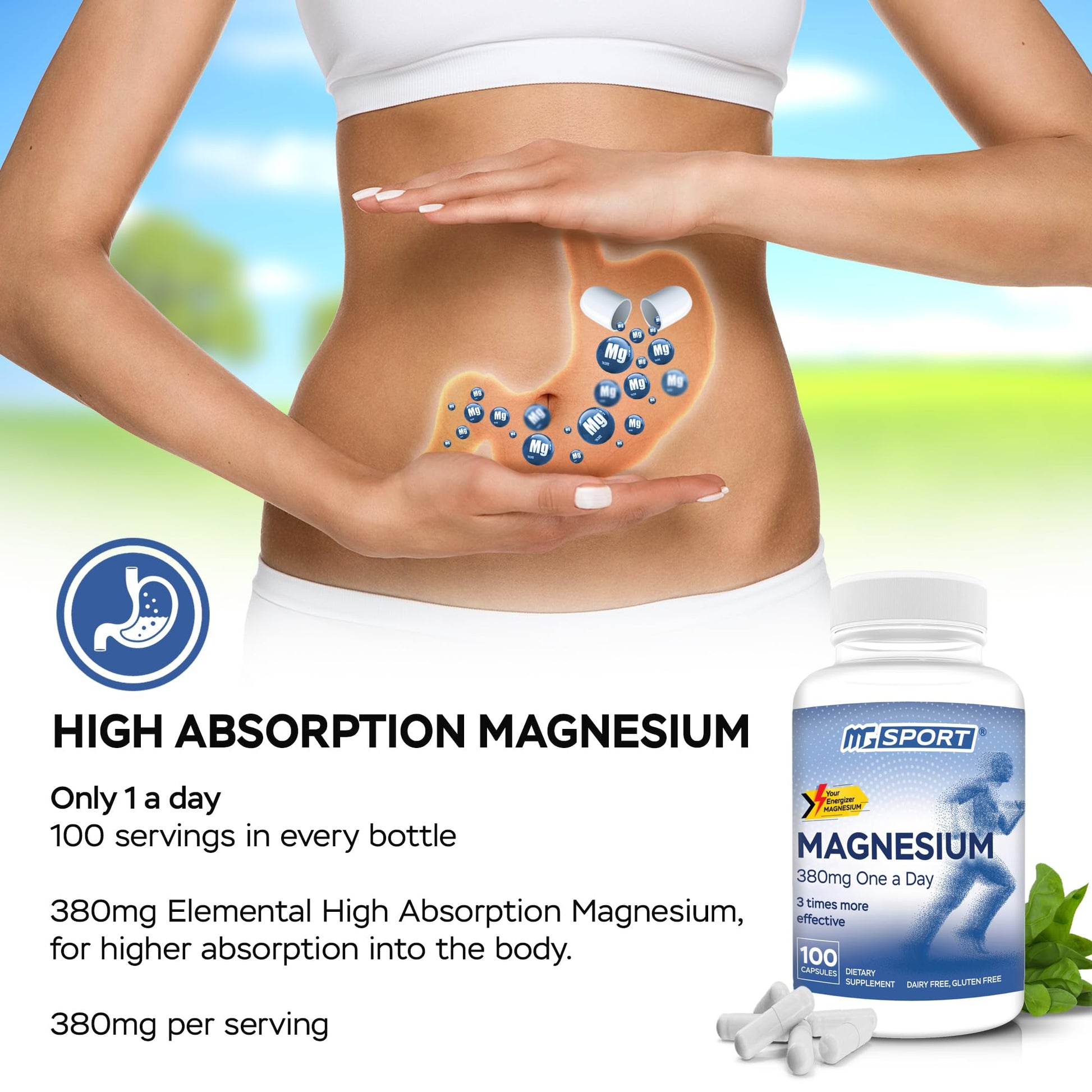 MGSPORT Magnesium Supplement 380mg - High Absorption Magnesium Complex Formula with Vitamins B6, D, E - Supports Muscle Function and Sleep Quality - 100 Servings MgSportAu supplements