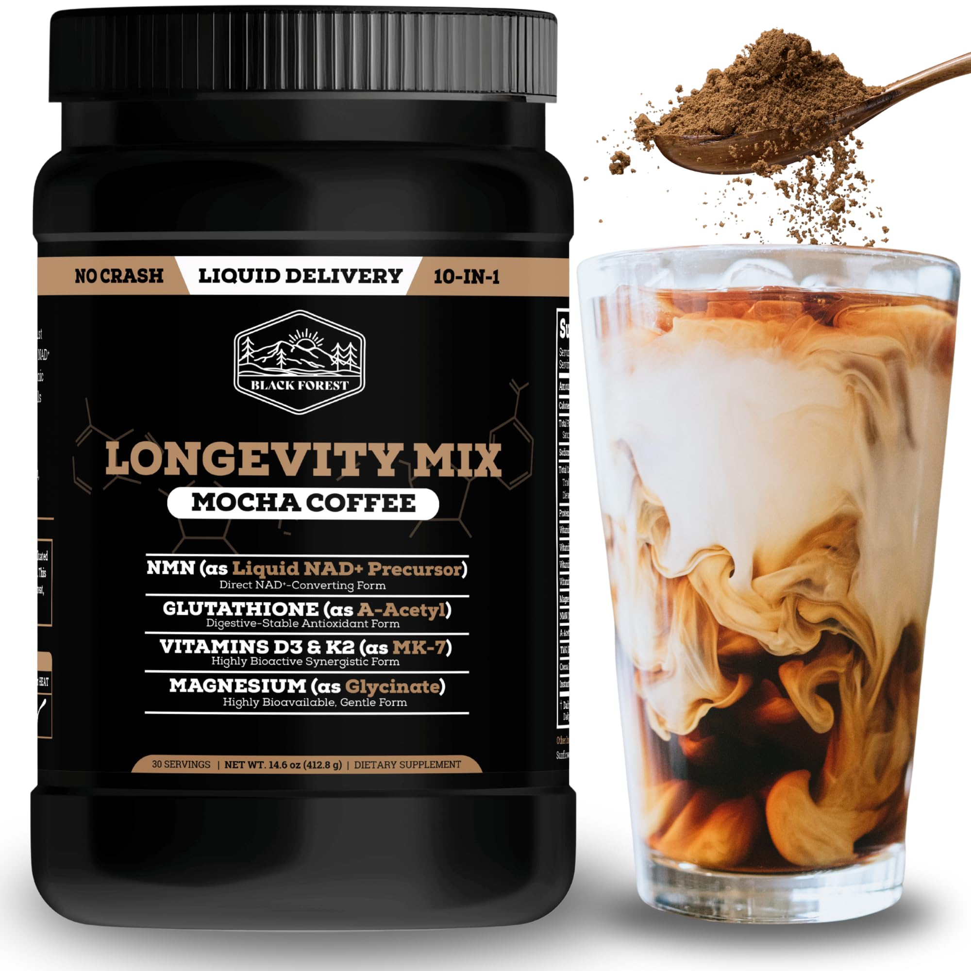 Black Forest Longevity Mix Liquid NAD+ Alternative Mocha Coffee 10-in-1 with NMN 250mg, Glutathione 250mg, TMG, Magnesium Glycinate, Vitamins D3 K2 C B12, High Polyphenol Cocoa, 30 Servings Black ForestAu supplements