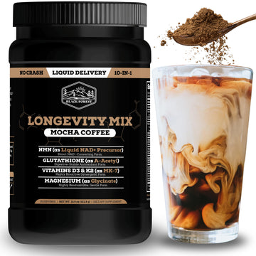 Black Forest Longevity Mix Liquid NAD+ Alternative Mocha Coffee 10-in-1 with NMN 250mg, Glutathione 250mg, TMG, Magnesium Glycinate, Vitamins D3 K2 C B12, High Polyphenol Cocoa, 30 Servings Black ForestAu supplements