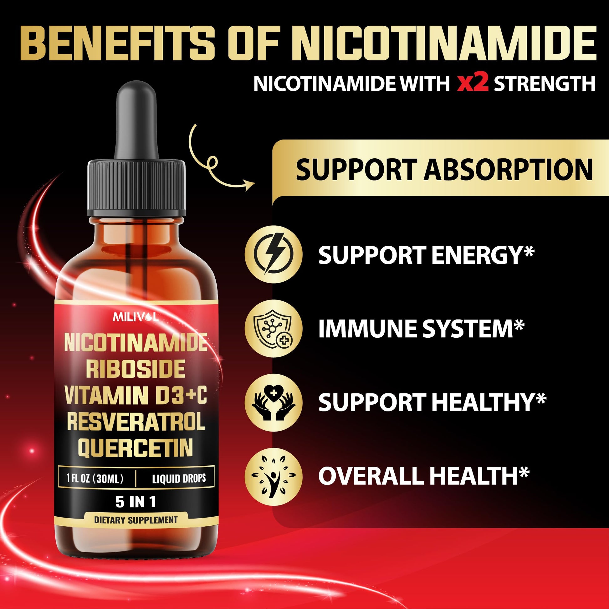 MILIVOL 5in1 NAD+ Liquid Drops w/Nicotinamide Riboside NR 900mg, Quercetin 500mg, Trans-resveratrol 500mg, Vitamin D3-C - Cellular Energy & Repair, Vitality, Healthy Aging - 1FL Oz - 1 Month Supply MILIVOLAu supplements