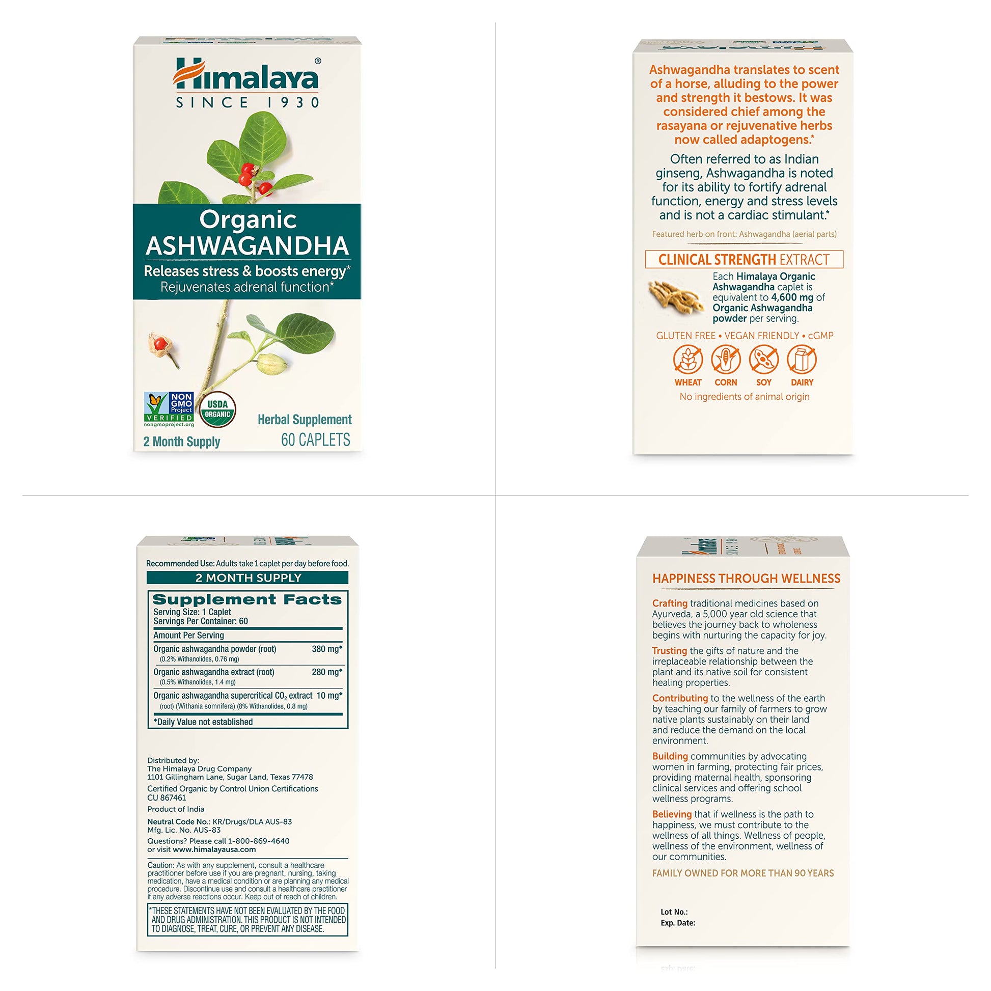 Himalaya Organic Ashwagandha Root, 120 Day Supply - Herbal Adrenal Support Supplements for Stress Relief and Energy Support - USDA Organic, Non-GMO, Vegan, Gluten Free, 60 Caplets, 2 Pack HimalayaAu supplements