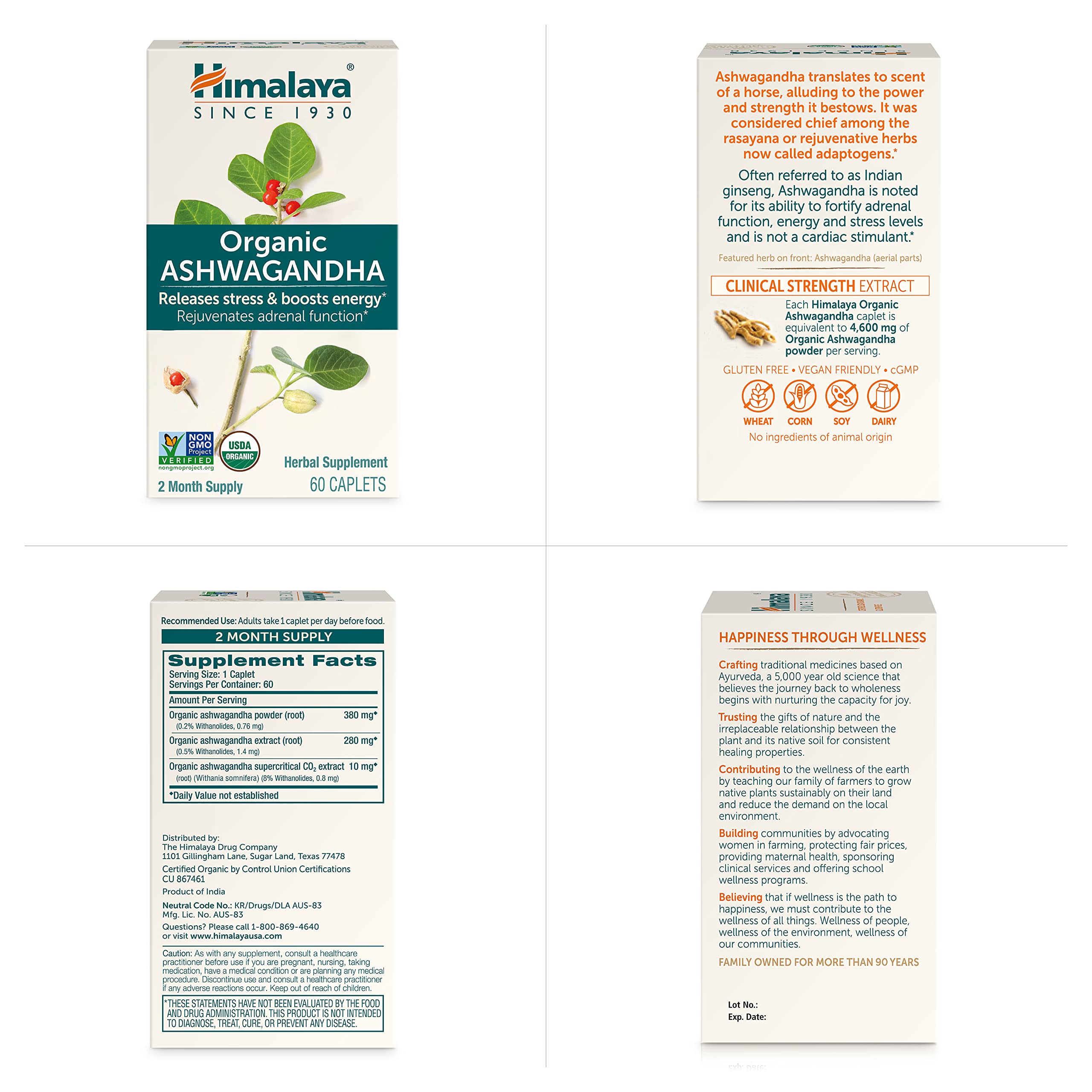 Himalaya Organic Ashwagandha Root, 120 Day Supply - Herbal Adrenal Support Supplements for Stress Relief and Energy Support - USDA Organic, Non-GMO, Vegan, Gluten Free, 60 Caplets, 2 Pack HimalayaAu supplements