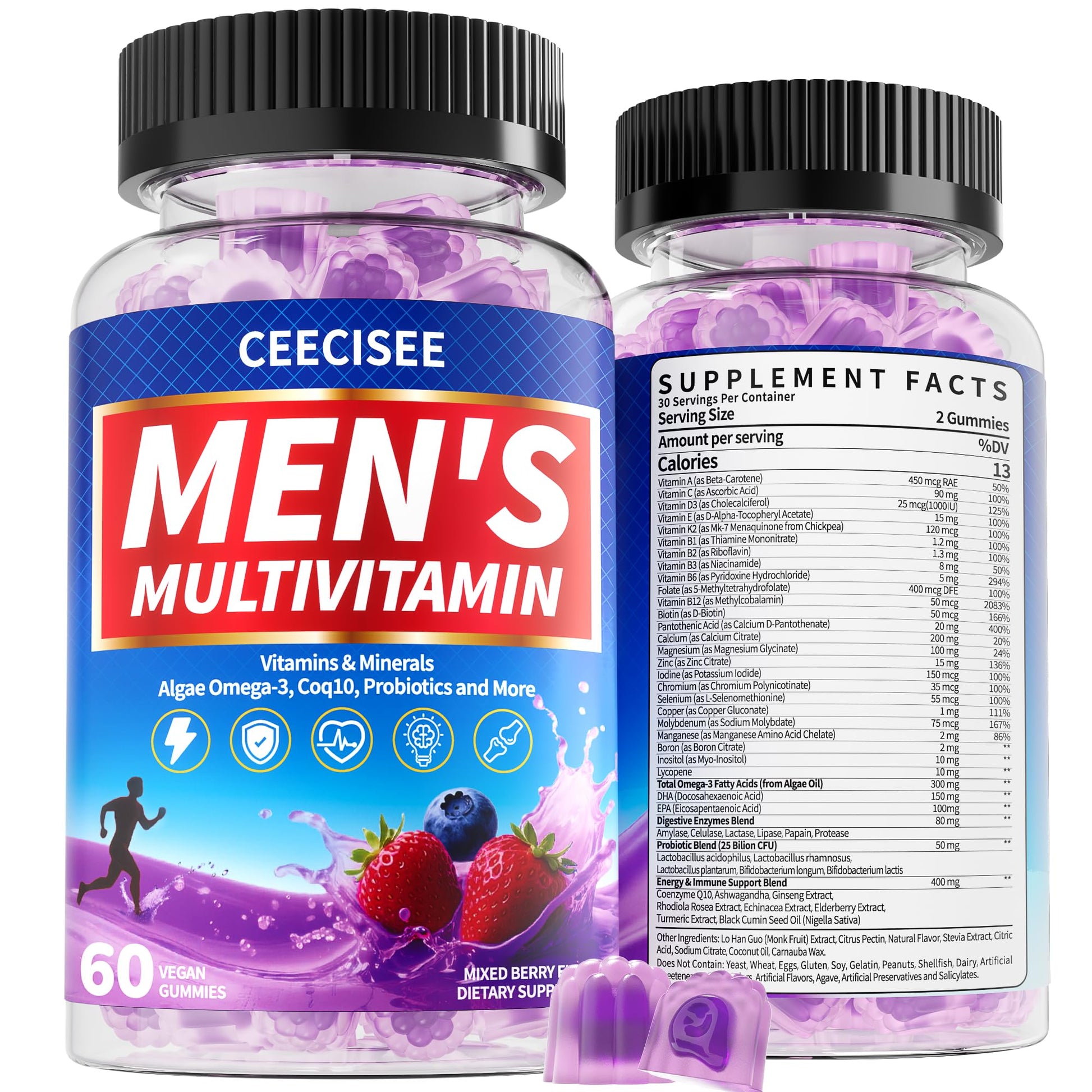 Ceecisee Men’s Methylated Multivitamin Gummies: Chewable Multivitamins Mens Gummy with Omega Probiotic Magnesium Zinc Vitamins B12 D3 - No Iron Daily Supplement Support Energy Immune for Men(120Count) CeeciseeAu supplements