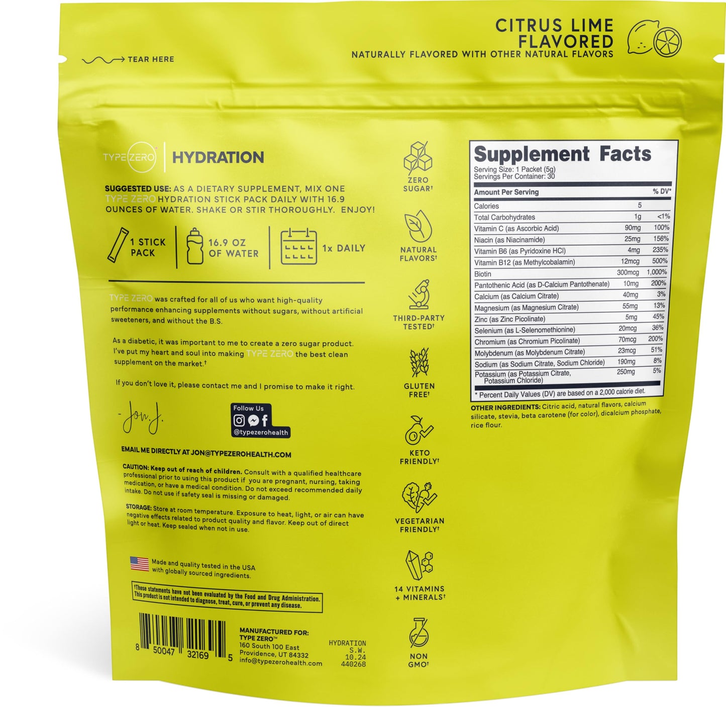 Type Zero Clean Hydration + Electrolytes Drink Mix (30 Single-Serving Packets) (Citrus Lime Flavored) - Advanced Hydration for Any Occasion Type ZeroUS supplements