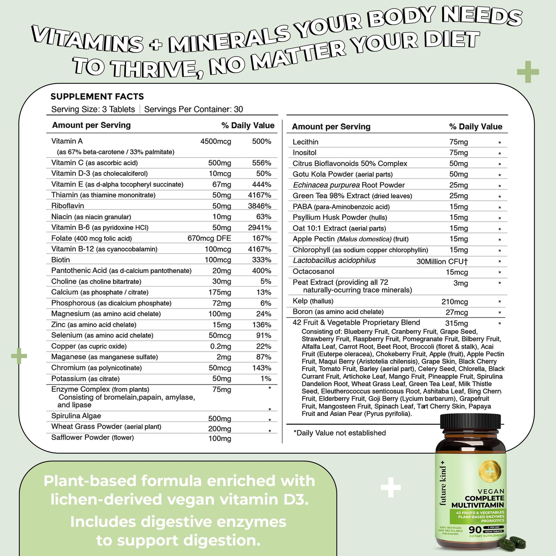 Future Kind Vegan Multivitamins Complete - 42-in-1 Vegan Multivitamins for Women & Men with Enzymes, B12, Zinc, & Probiotics for Digestion Future KindUS supplements