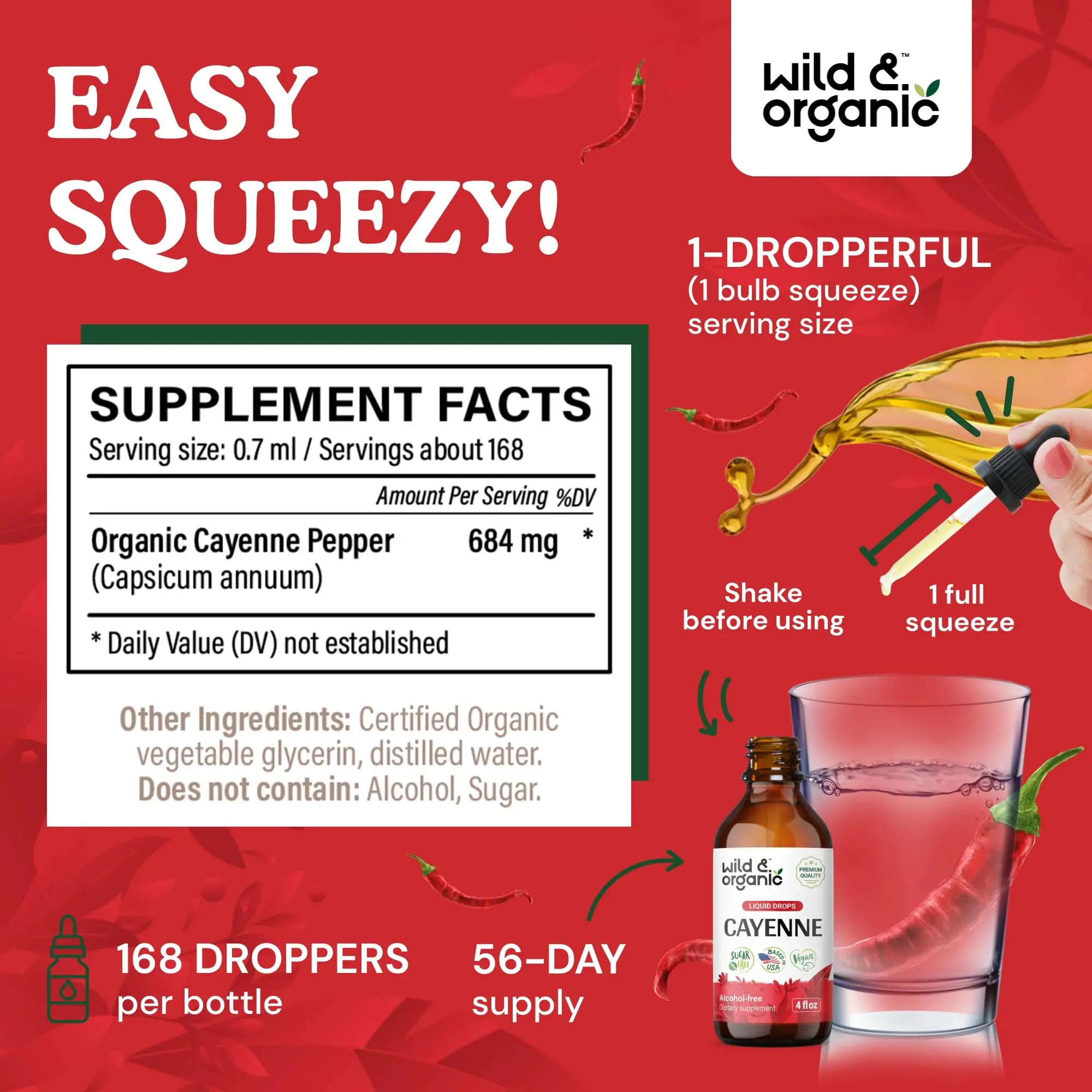 Wild & Organic Cayenne Pepper Tincture - Digestive Support with Capsaicin Extract - Cayenne Pepper Liquid Drops for Overall Well-Being - Unflavored, Vegan, Sugar & Alcohol-Free - 4 fl oz Wild & Organicnz supplements
