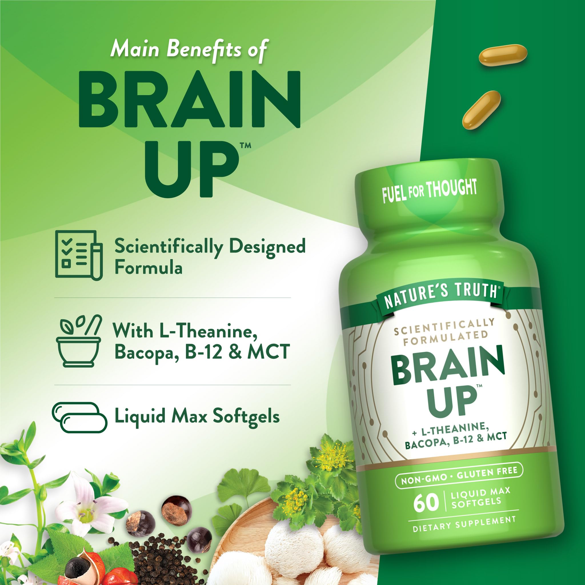 Nature's Truth Brain Up Softgels | 60 Count | with L-Theanine, Bacopa, B-12 & MCT | Non-GMO and Gluten Free Supplement Nature's TruthAu supplements