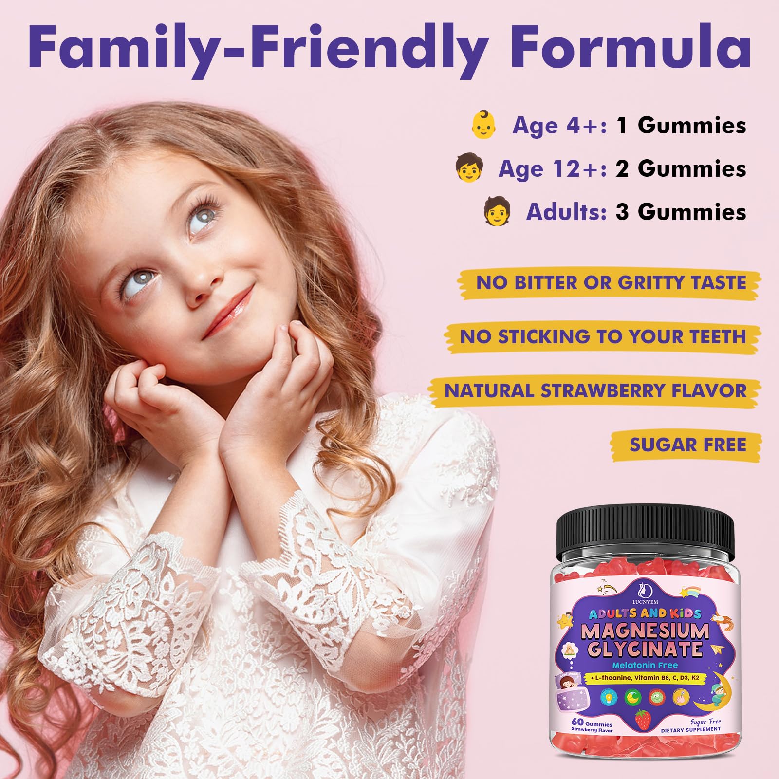 Magnesium Glycinate Gummies for Kids 4+ & Adults- Magnesium Glycinate 150/300 mg for Natural Sleep, Relaxation & Calm Support, Melatonin Free, Sugar Free Strawberry Flavor, 60 Ct LUCNVEMAu supplements
