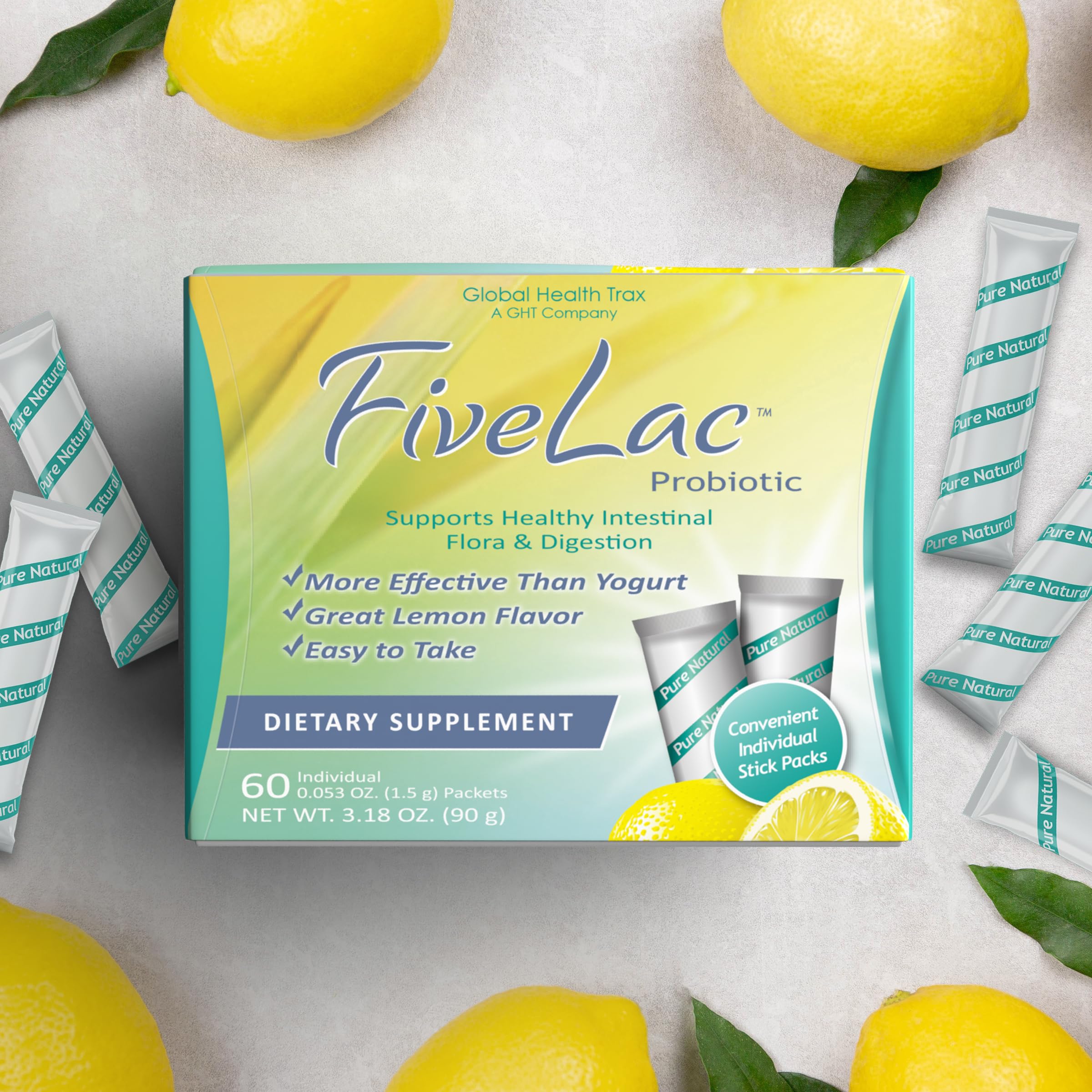 Global Health Trax GHT - FiveLac Lemon Probiotic Powder Drink Mix, Probiotics for Women, Men & Kids - Smooth Digestive Support & Elimination - Relieves Constipation & Gas - 60 Packets (2 Pack) Non-GMO ght Global Health TraxAu supplements