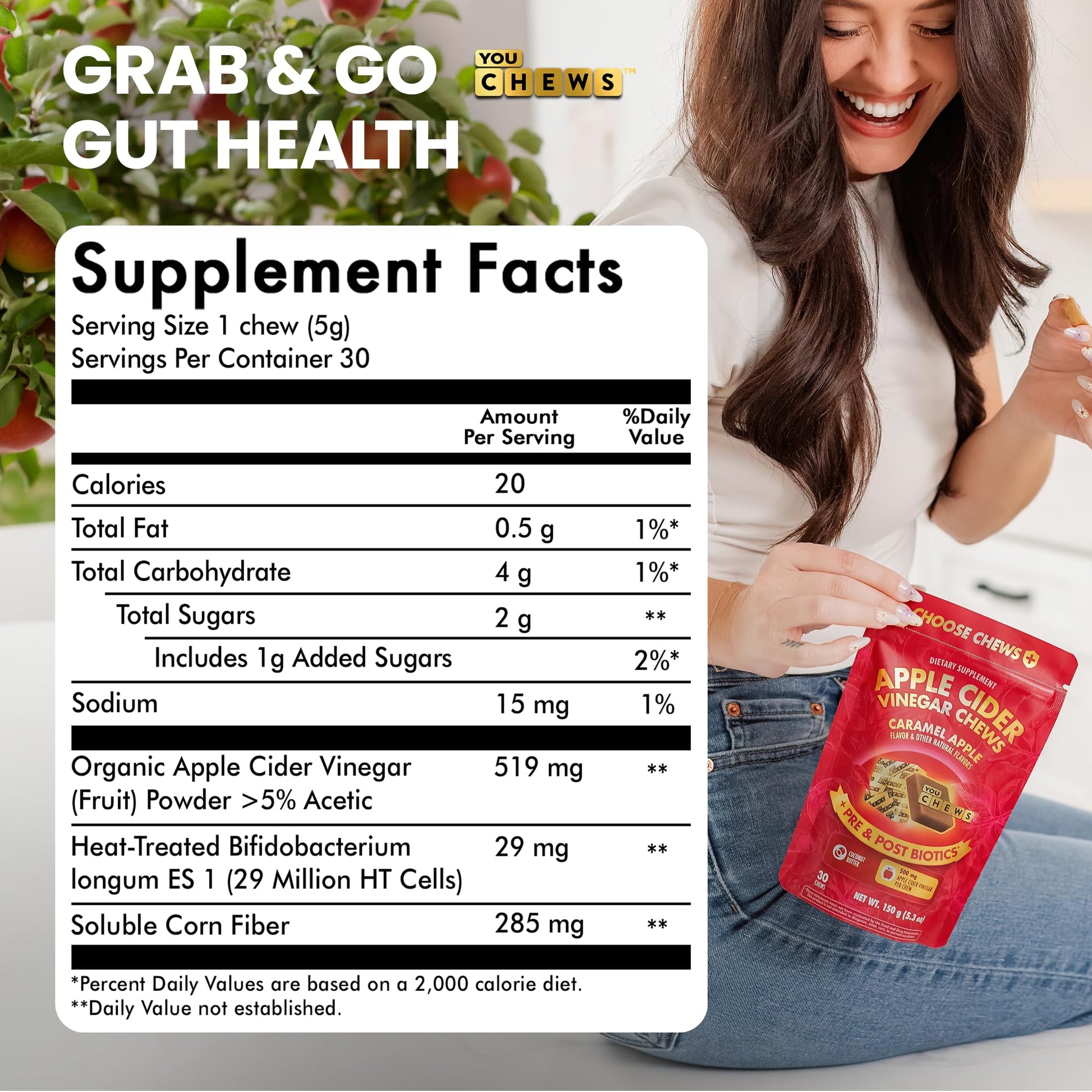 YouChews Apple Cider Vinegar Chews Better Than Apple Cider Gummies - Bloating Relief for Women and Men, 500mg Organic ACV with Prebiotics & Postbiotics, Low Sugar, Caramel Flavor, 30 Count YouChewsAu supplements