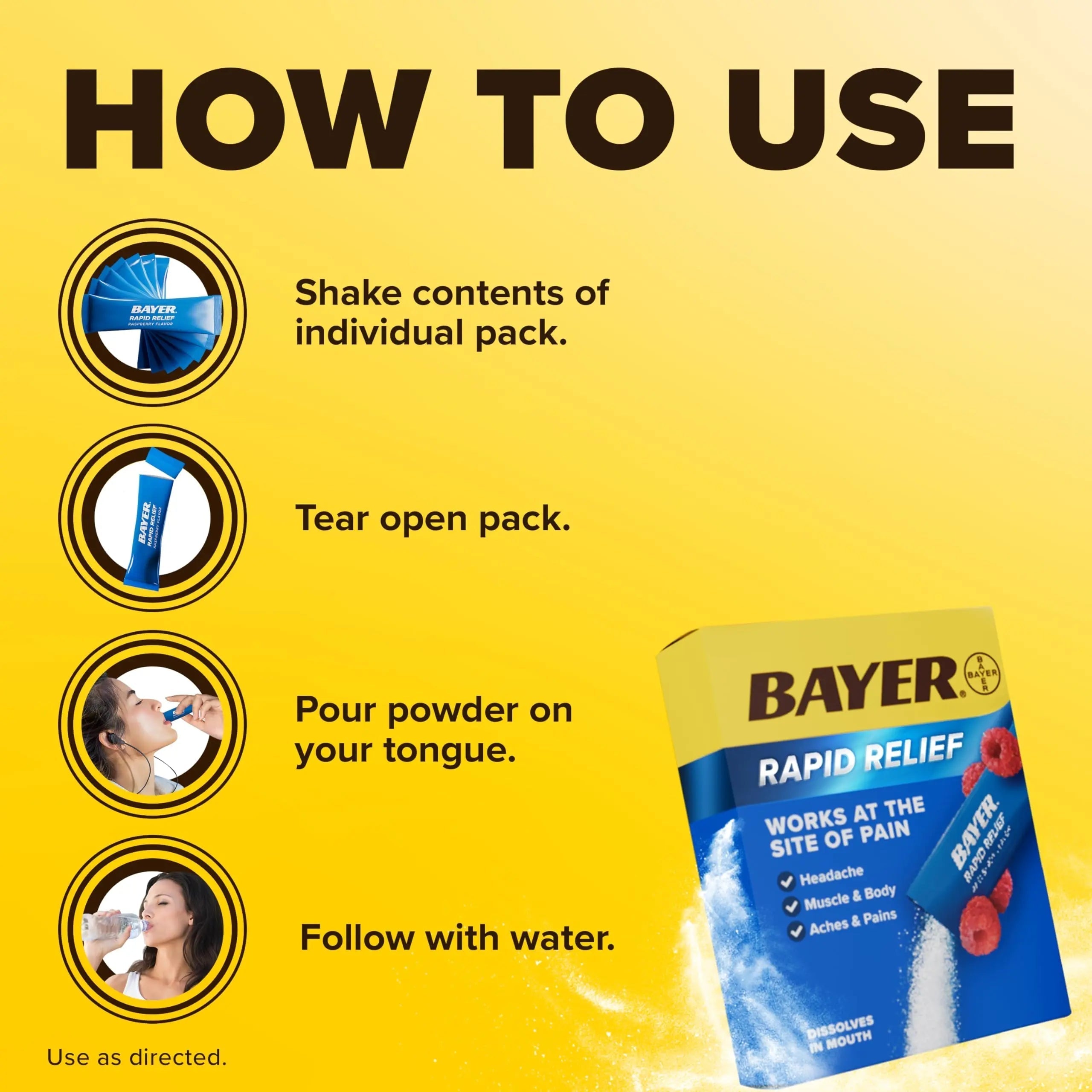Bayer® Rapid Relief, Dissolvable Raspberry Flavor, Powder Packs with Aspirin & Caffeine, Fast Acting Headache Relief, Muscle and Body Pain Reliever, 30ct BayerAu supplements