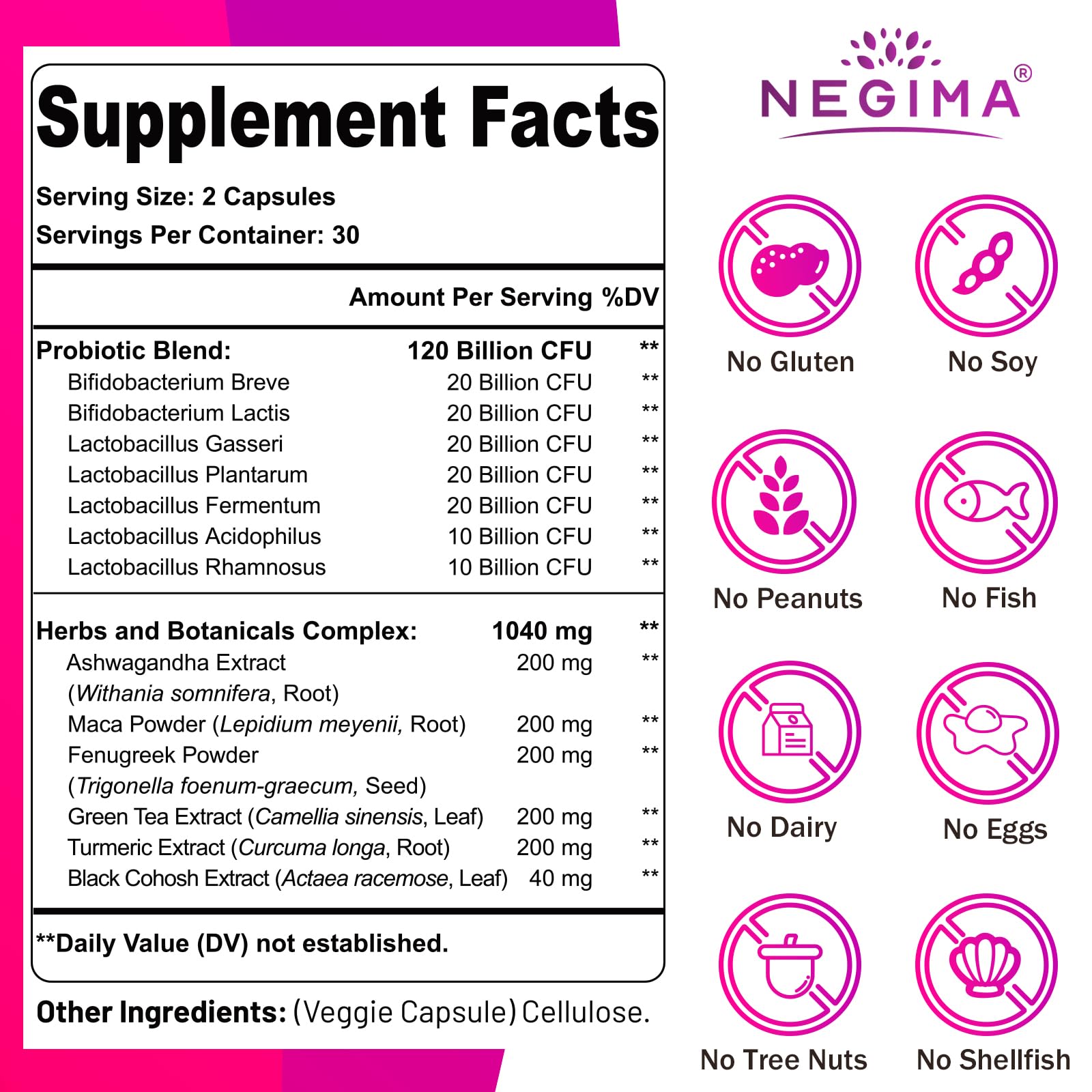 Negima Menopause Supplements for Women, 120 Billion CFUs Probiotics for Women, 13-in-1 Herbs & Botanicals Complex, for Menopause - 60 Caps NegimaAu supplements