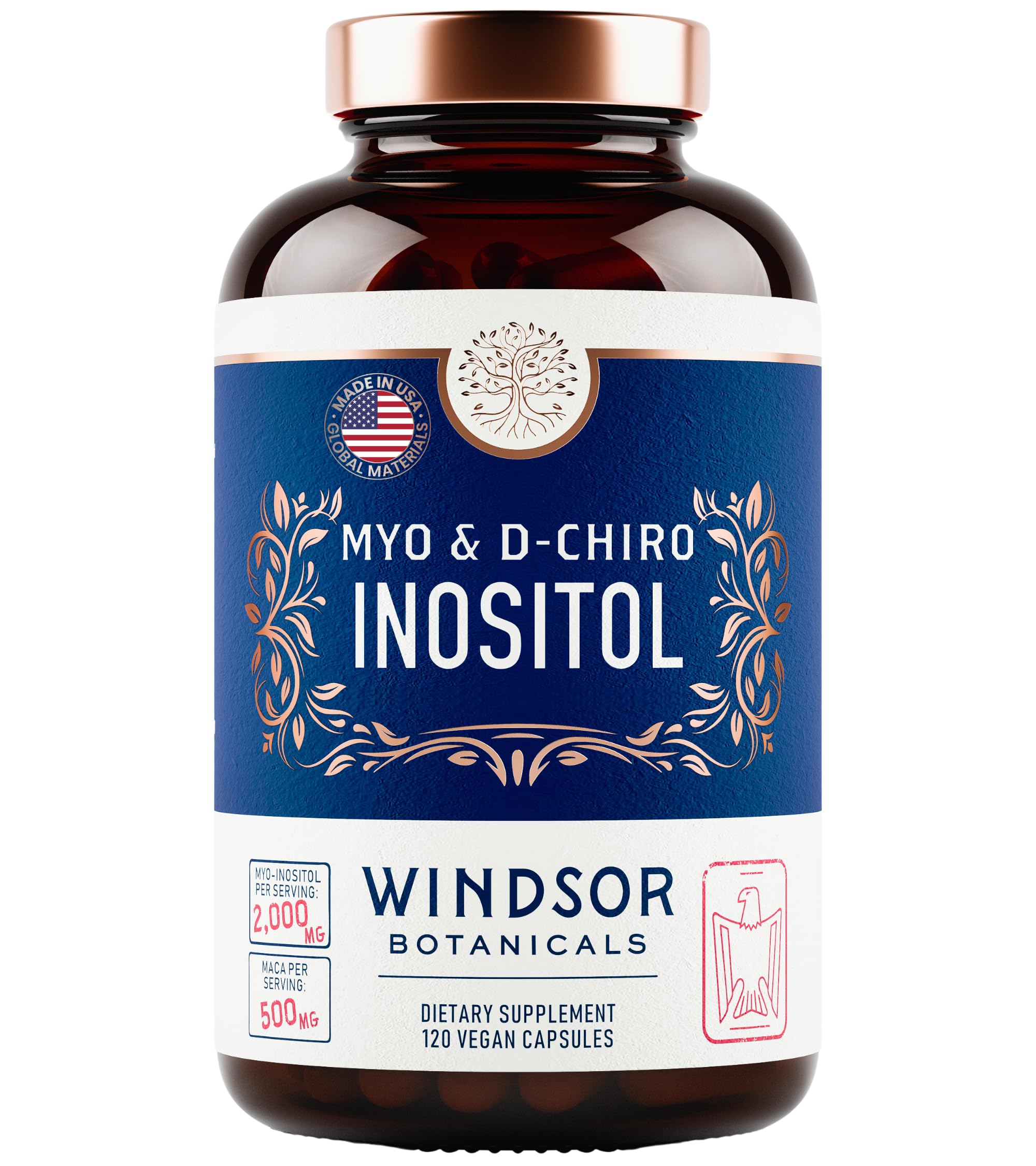 Myo-Inositol & D-Chiro Inositol 40:1 Ratio 2,000 mg - PCOS Supplements with Maca Root & Ashwagandha - Ovarian Health Support Vitamins - Hormone & Fertility Supplements for Women - 120 Vegan Caps WINDSOR BOTANICALSAu supplements