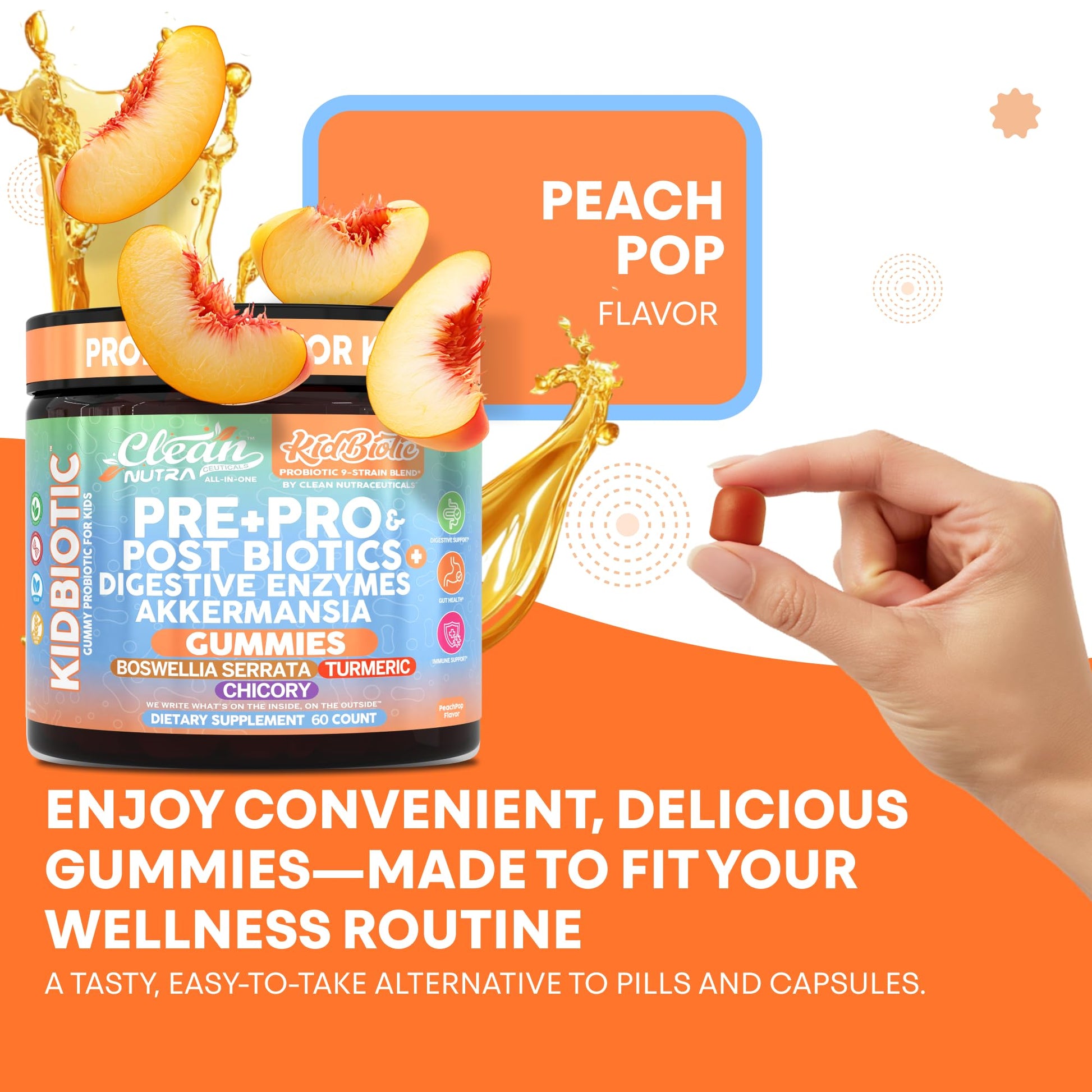 Clean Nutra Kids Probiotics Gummies with Prebiotics, Postbiotics, Digestive Enzymes, Akkermansia, Boswellia Serrata, Turmeric, Chicory – 60 Count – Plant-Based Supplement for Kids – PeachPop Flavor Clean NutraceuticalsAu supplements