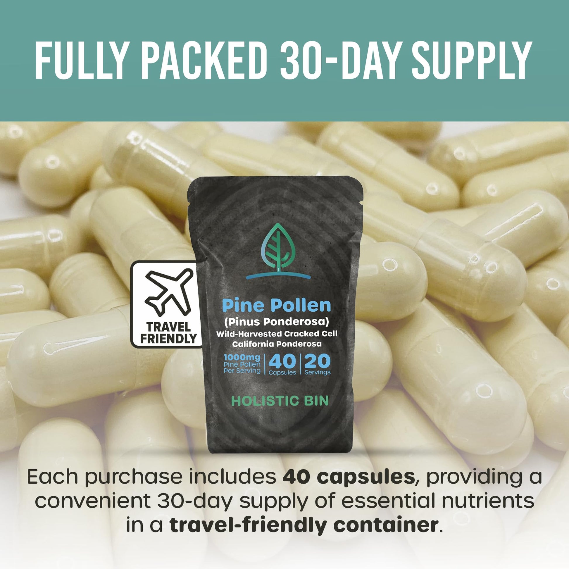 Holistic Bin Pine Pollen Capsules 500mg (Pinus Ponderosa) - Wild Harvested California Ponderosa Pine Pollen Powder - Olympic Grade - Organic, Non-GMO, No Fillers - 30 Day Supply (40 Capsules) Holistic BinAu supplements
