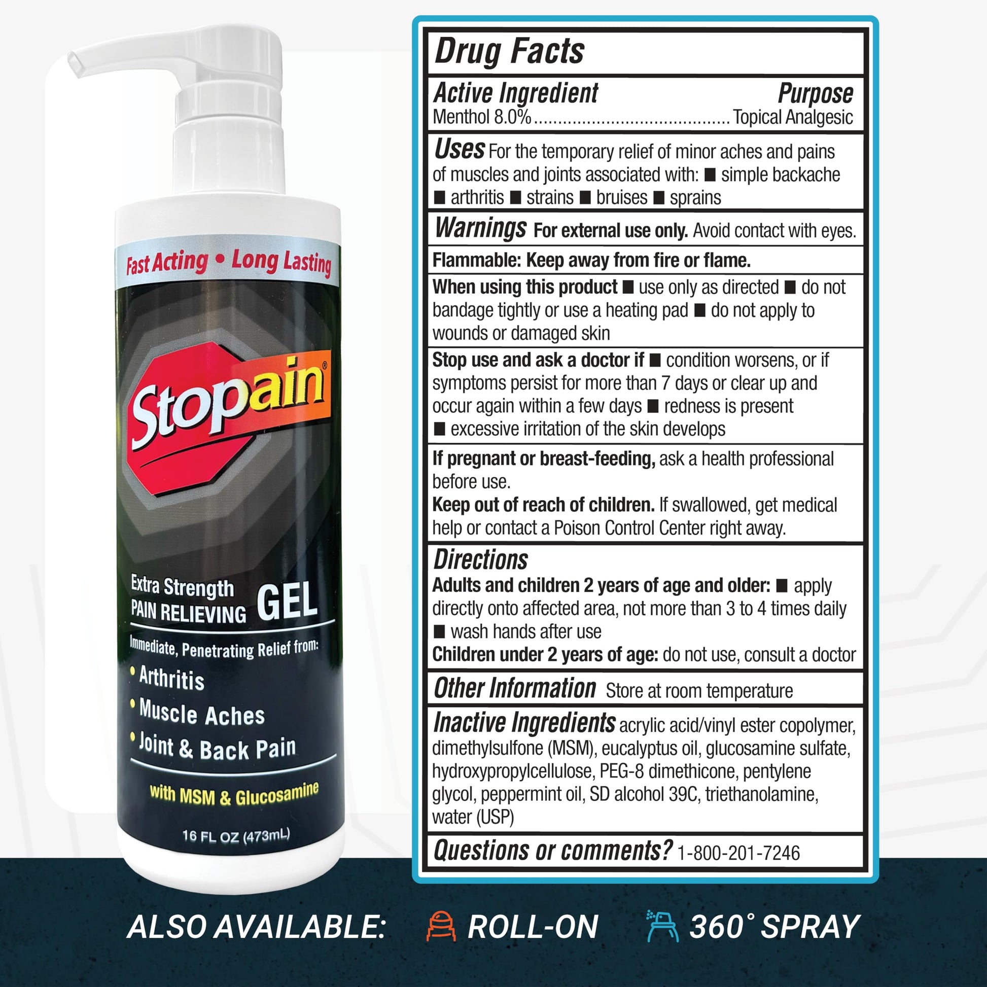 Stopain Pain Relief Gel 16oz, USA Made, Max Strength Fast Acting with Menthol, MSM, Glucosamine for Joint Pain, Back Pain, Arthritis, Knee, Neck Pain, HSA FSA Approved OTC Topical Analgesic Product StopainAu supplements