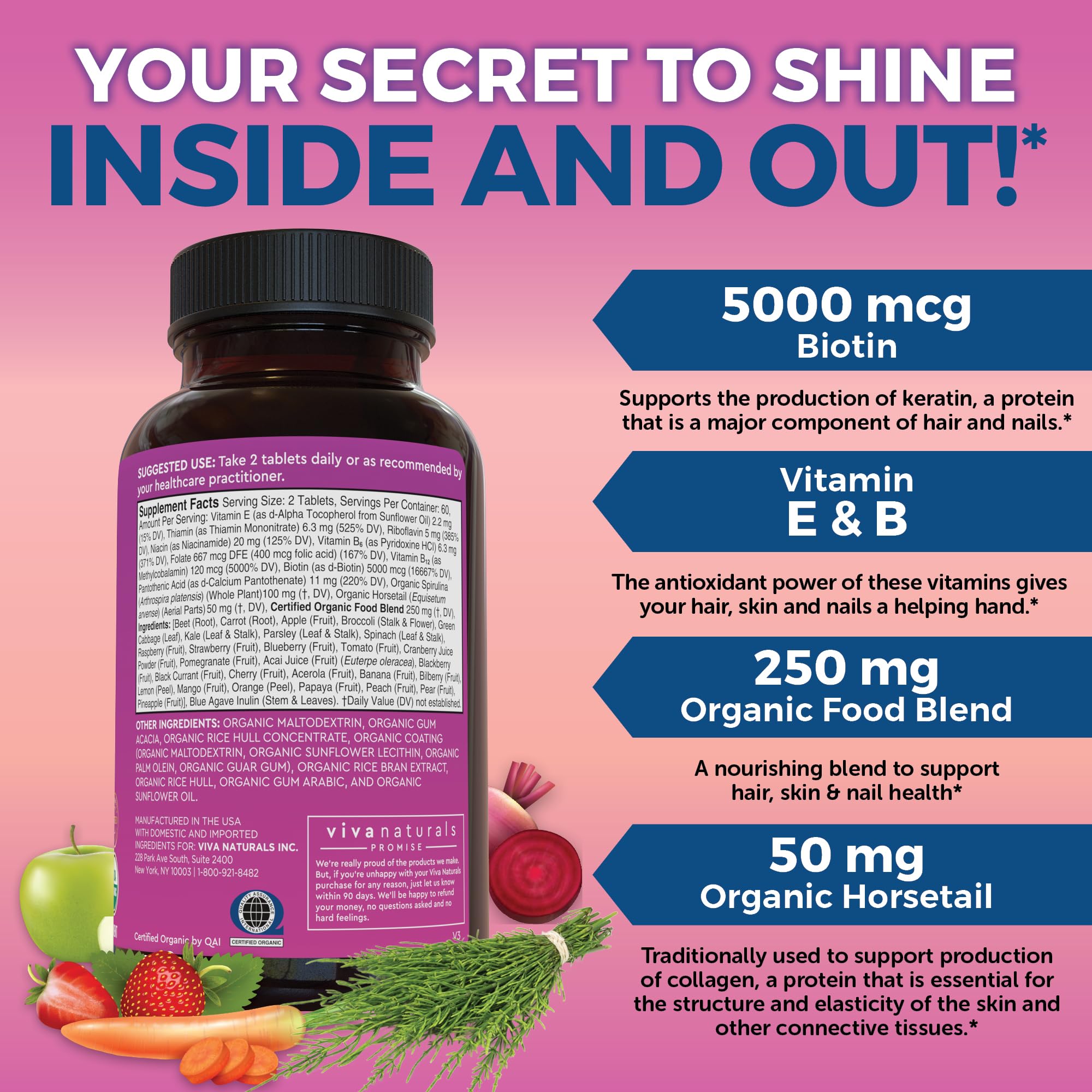 Biotin 5000 mcg Hair Skin Nails Vitamins for Women – Organic and Vegetarian-Friendly Supplement with Vitamin E, B-Vitamins, Spirulina Viva NaturalsUS supplements