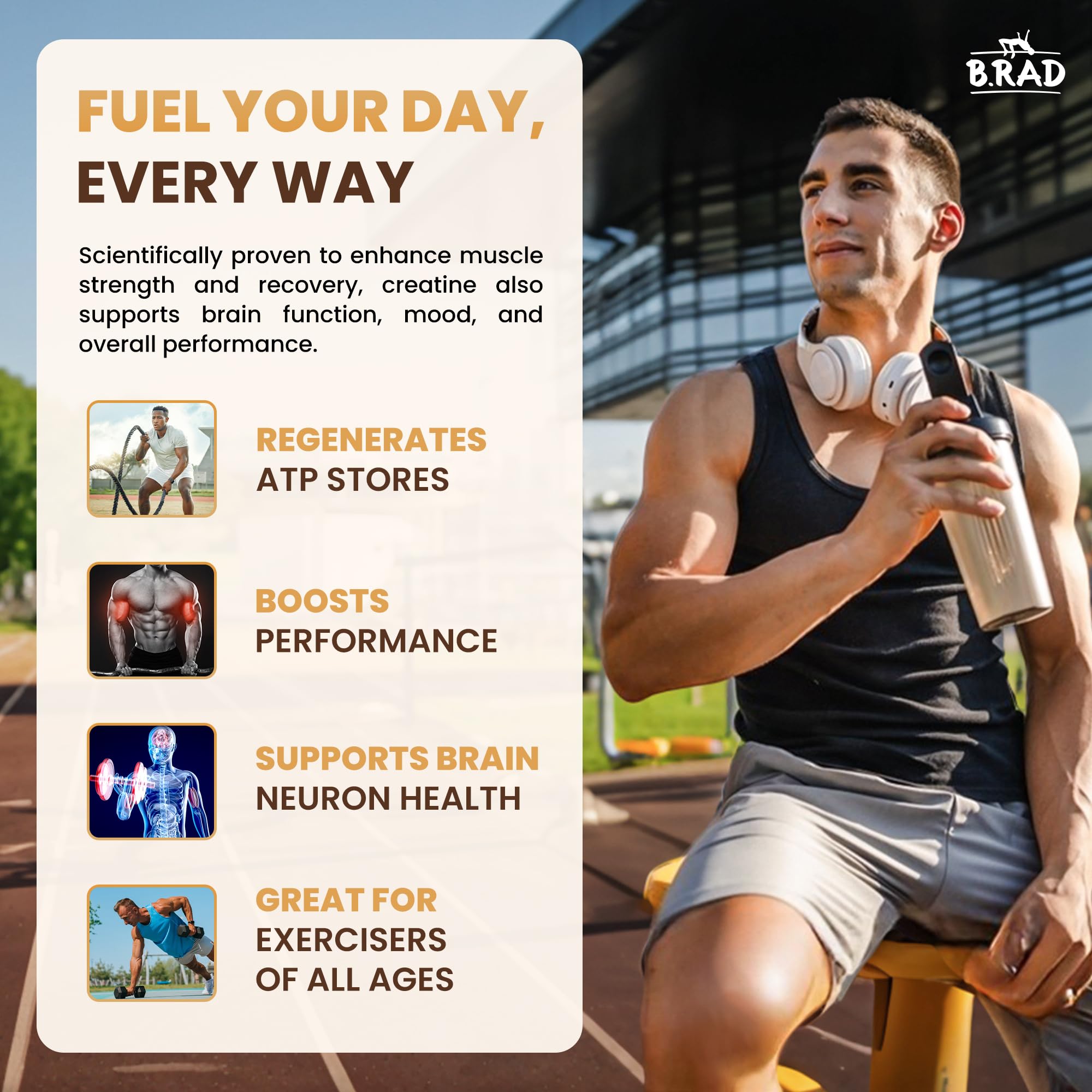 B.rad 100% Pure Micronized Creatine Monohydrate Powder | Natural, No Additives | Boosts Muscle Strength, Recovery & Performance | Supports Brain Health | 300g, 60 Servings B.radAu supplements